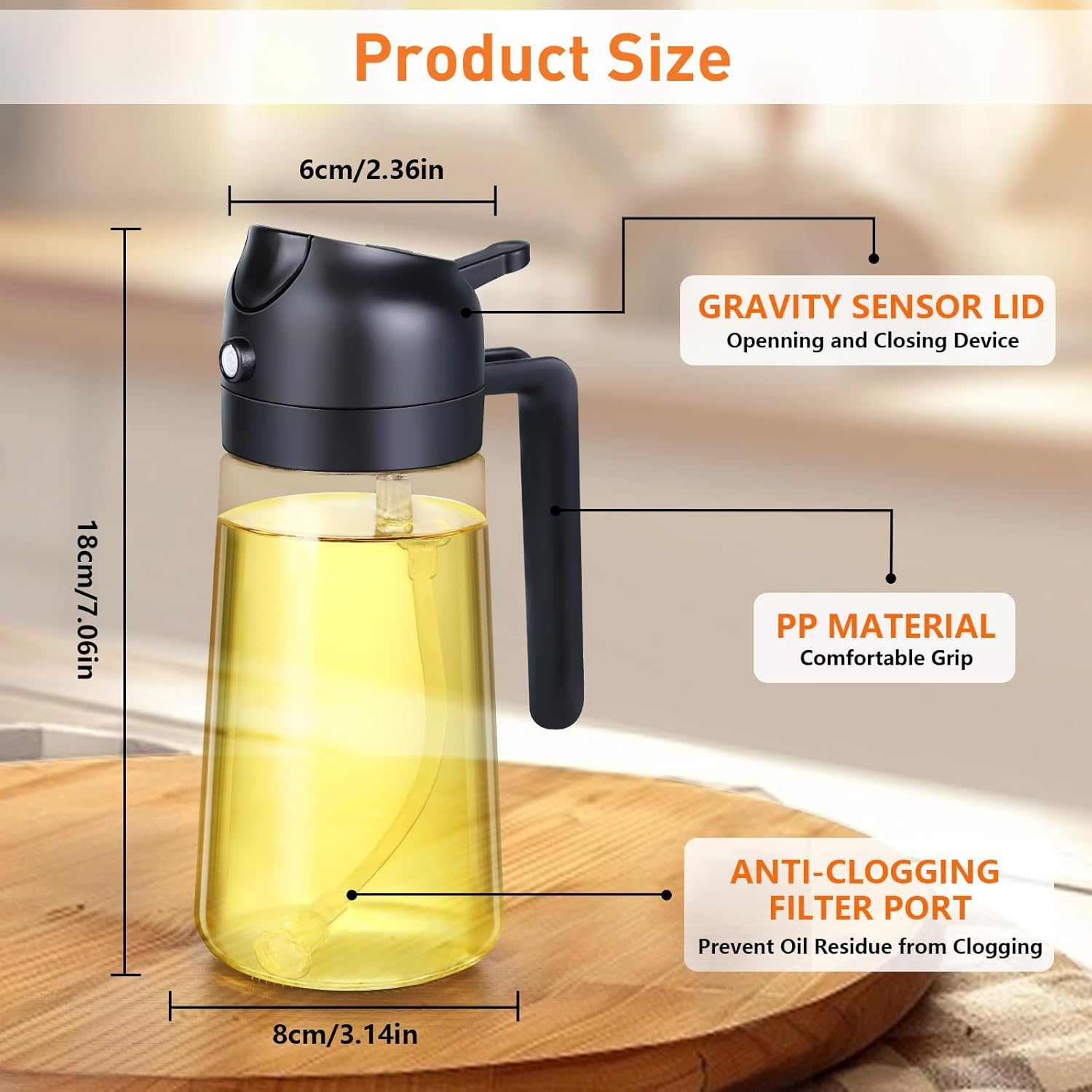 Lychico Oil Dispenser Bottle 470Ml/16Oz, 2 in 1 Oil Dispenser and Oil Sprayer, Food Grade Spray Bottle for Kitchen Cooking, Oil Dispenser for BBQ, Salad, Baking Steak, Air Fryer, Black image number 2