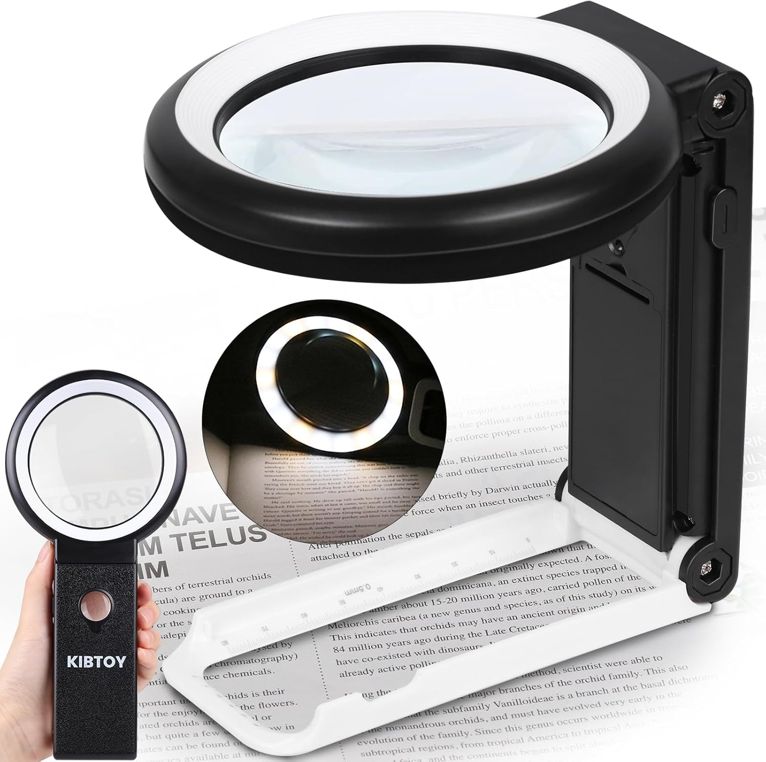 30X 10X Magnifying Glass with Light and Stand, Foldable Handheld Magnifying Glass 18 LED Illuminated Lighted Magnifier for Macular Degeneration, Seniors Reading, Close Work, Coins, Jewelry