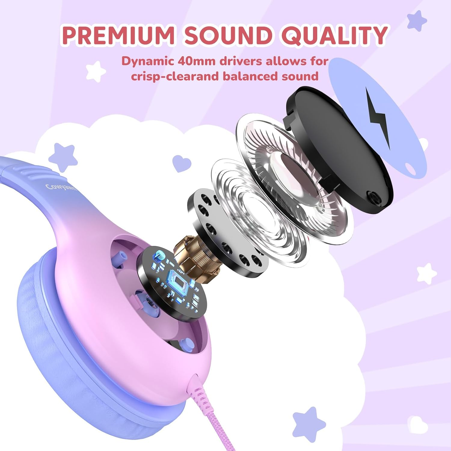 Cowyawn Kids Headphones Wired with Microphone, USB Type C Kid Headphone with LED Lights, 85/94Db Volume Limit, Over-Ear Wired USB C Headphones for Boys/Girls/School/Travel/Ipad, Purple-Pink Gradient image number 6