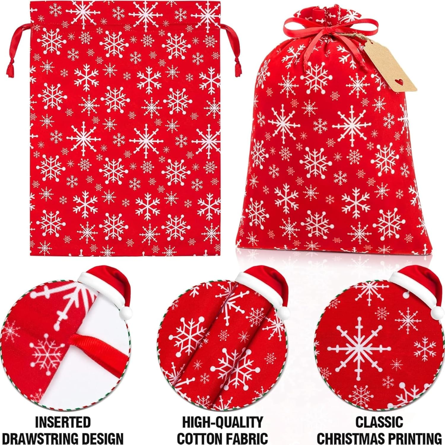 10Packs Christmas Drawstring Gift Bags with Tags, Red White Xmas Fabric Wrapping Bag for Presents Party Favors Decor Goody image number 3