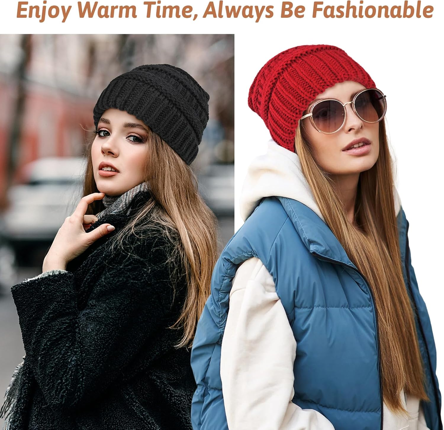 SGQTZDZQ Satin Lined Beanie Hats for Women, Warm Slouchy Ladies Winter Hats, Classic Fashionable Wooly Cable Knit Skull Cap