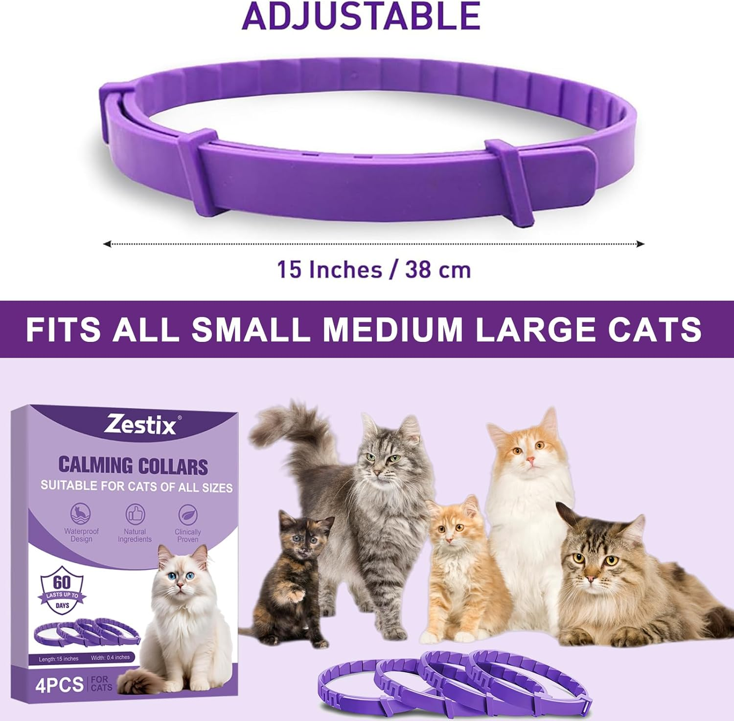 Cat Calming Collar with Pheromone & Lavender, Adjustable Waterproof Design, 30-Day Anxiety Relief, 4-Pack for Multi-Cat Stress & Travel image number 1