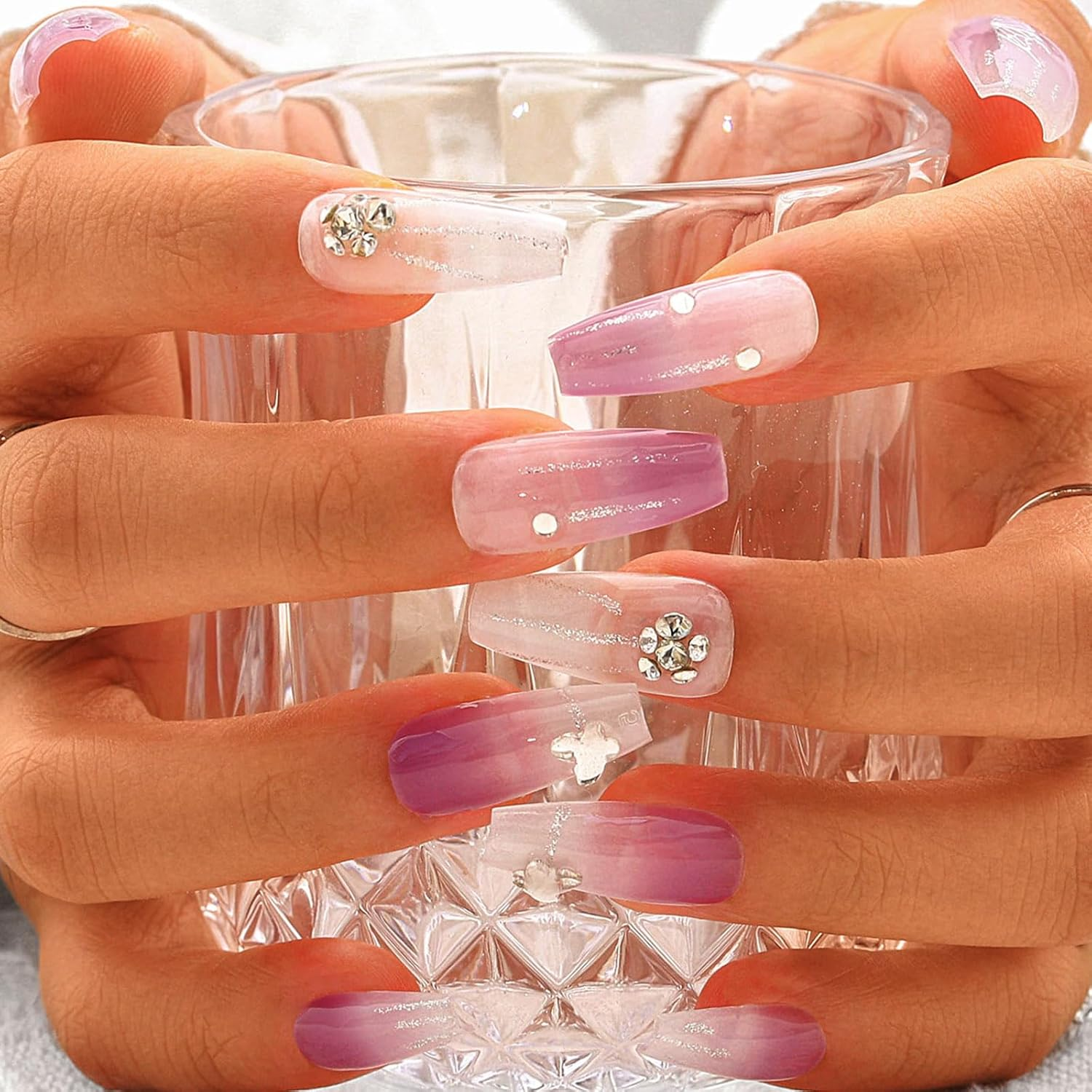 Sethexy Long Coffin Rhinestone Handmade False Nail Purple Hand-Painted Press on Nails Glitter Gradient Shiny False Nails Salon Quality for Women and Girls (W)