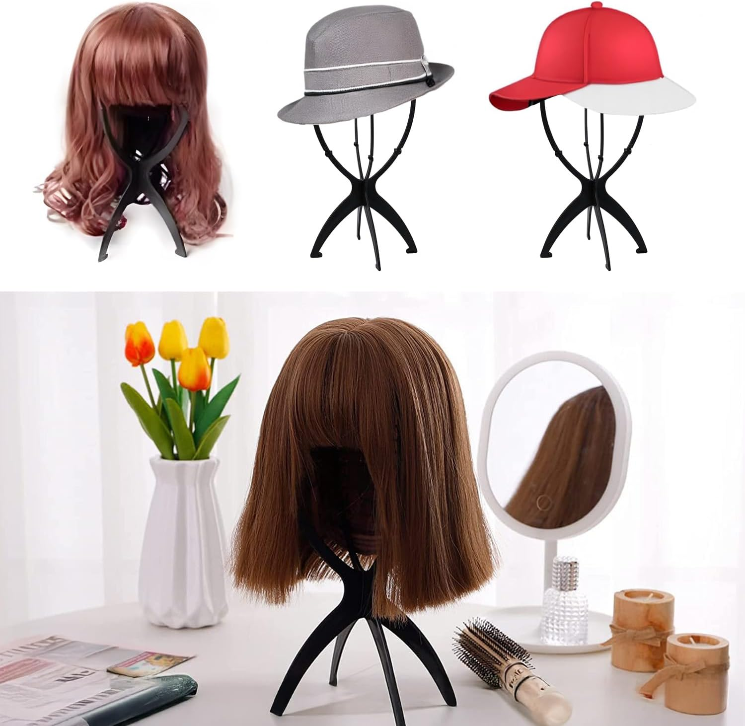 WALWAL 3 Pcs Portable Wig Stand, Lightweight Collapsible Wig Holder, Travel-Friendly Design for Hair Stylists, Home Use, and Cosplay (Black) image number 5