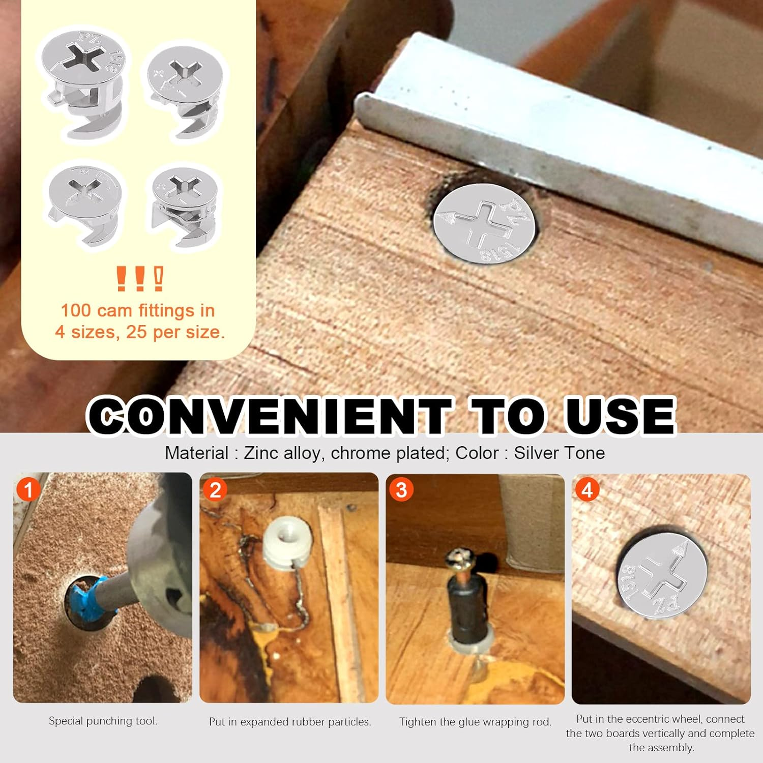 Tanstic 100Pcs 4 Sizes Furniture Connecting Cam Lock Fittings, Fastener Cabinet Connectors Hardware Bolts Lock Nut image number 1