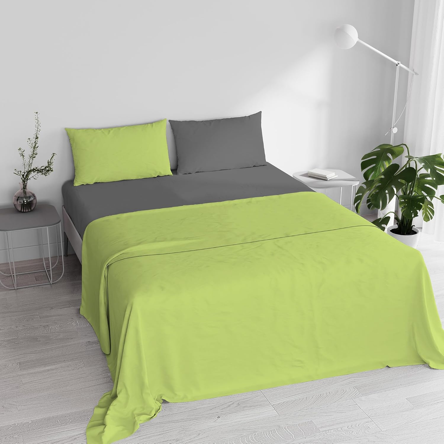 100% Natural Cotton Duvet Cover Set for Double Bed, Made in Italy, Fitted Sheet, Top Sheet 240 X 300 Cm and Pillowcases with Flap, Dusky Pink/Light Grey