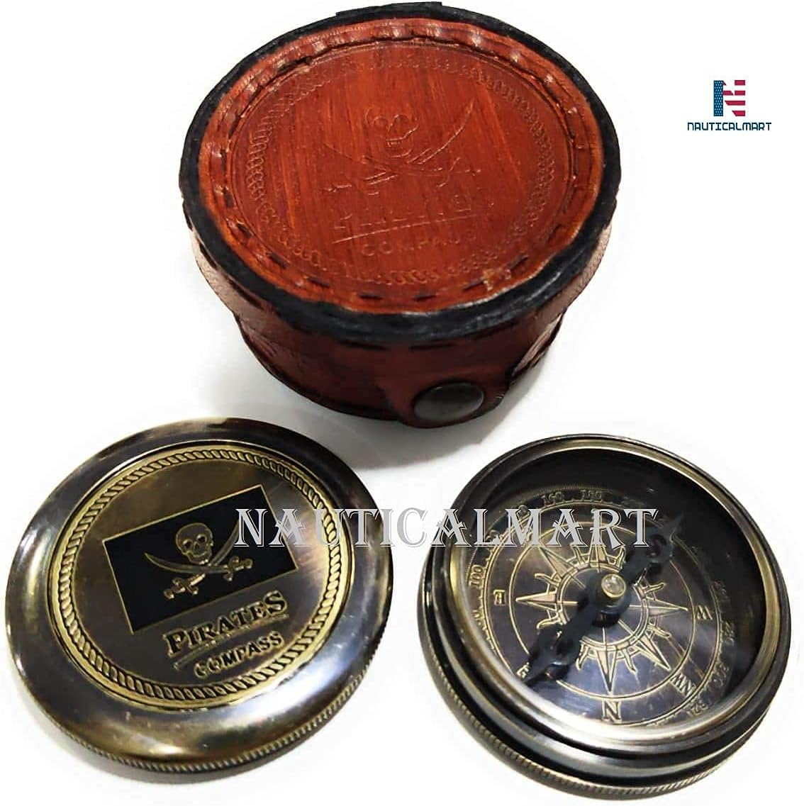 NAUTICALMART Pirates of Caribbean Jack Sparrow 2" Pocket Antique Brass Compass W/Beautiful Leather Case Engraved Gifts Directional Pirate Hiking Travel Camping Compass image number 1