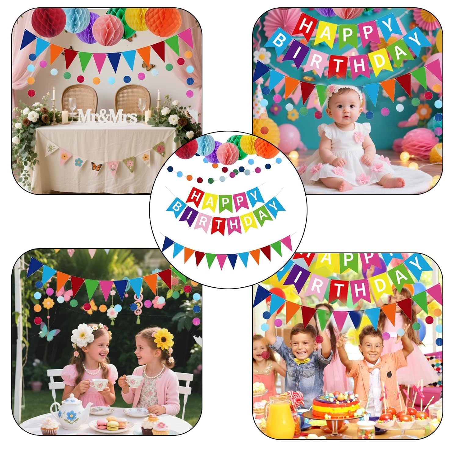 Birthday Party Decoration Gifts with 7 Honeycomb Balls and 1 Colorful Pennant Hanging Paper Fan Reusable Birthday Banner Suitable for Birthday Parties of Different Ages