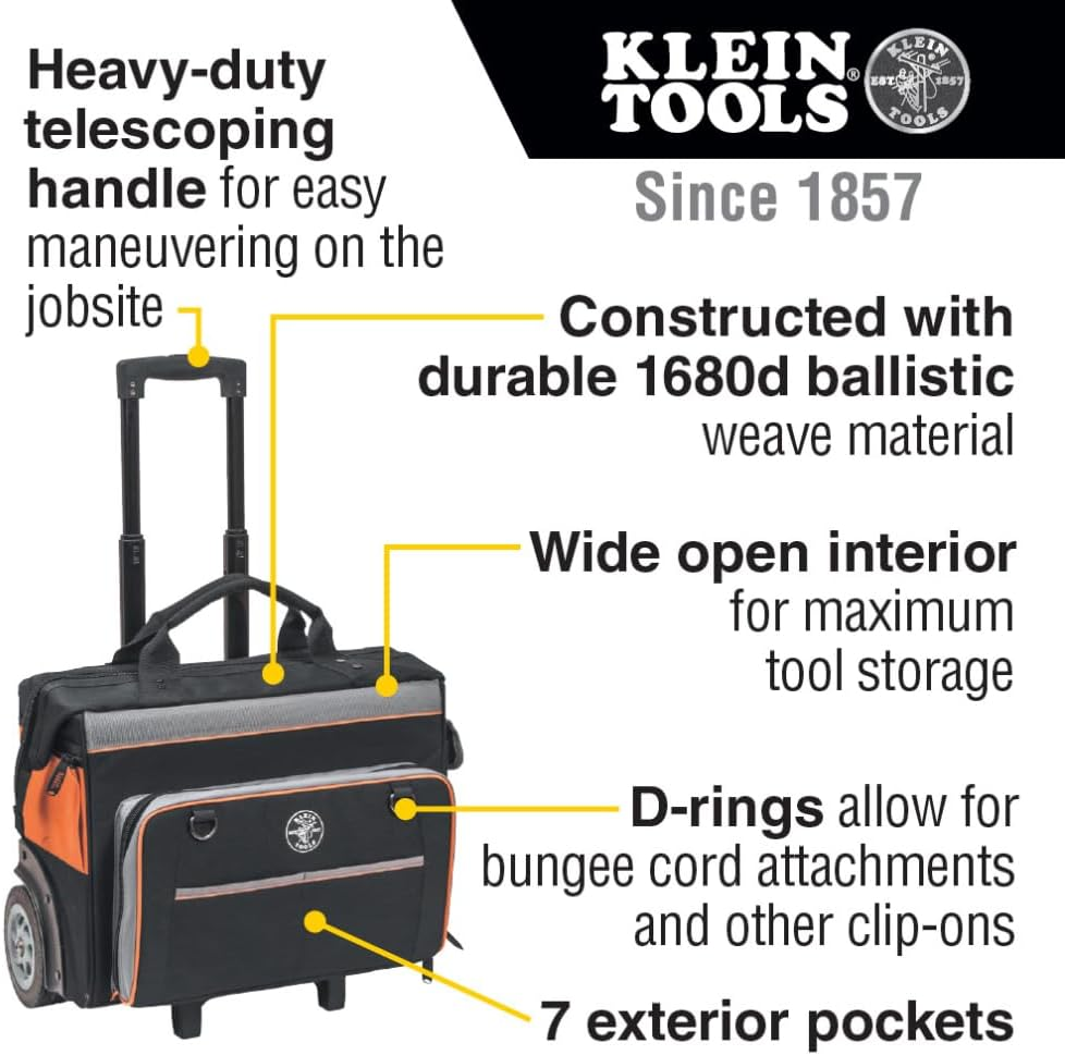 Klein Tools Tradesman Pro Rolling Tool Bag, Heavy Duty Waterproof Tool Organiser with 24 Pockets, Fits Tool Box, Electrician, Carpenter, Technician or Construction Work Tool Carrying Bag with Wheels image number 1