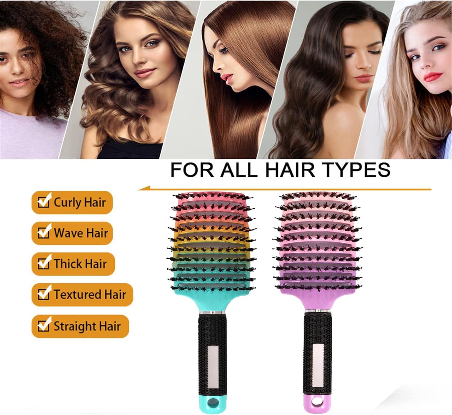 2 Pack Detangling Hair Brush,Boar Bristle Hair Brush,Fast Drying Styling Massage Hairbrush for Men Women,Curved Vent Styling Brush for Wet Dry Curly Thick Straight Hair (Blue & Pink) image number 5