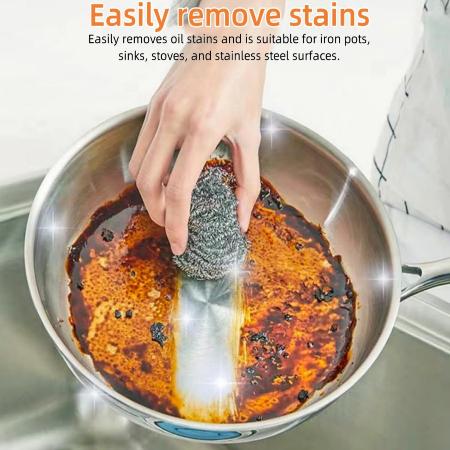 6Pcs Stainless Steel Scrubbers, Steel Wool Scourers Scouring Pads Metal Sponges, Easy Scouring Grease Dirt Oil Rust for Dishes,Pans,Pots,Ovens,Grills,Sinks,Easy Scouring for Tough Kitchen Cleaning image number 4