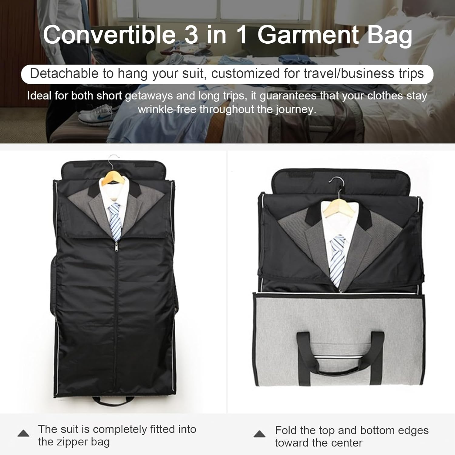 Garment Bag for Travel, Convertible Garment Duffel Bag with Shoes Compartment, 3 in 1 Waterproof Hanging Suitcase Suit Travel Bags Weekender Bag, Large Travel Duffel Bag for Men Women (Black) image number 5