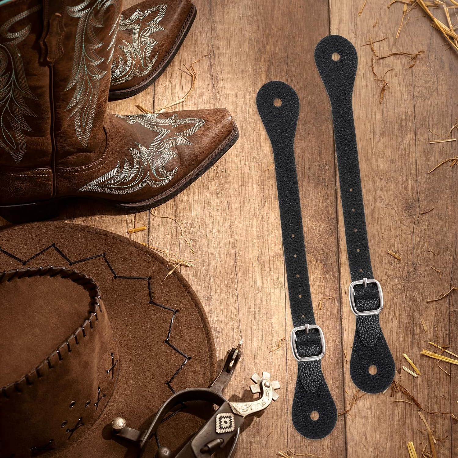 2 Pcs Leather Spurs for Cowboy Boots, 10 Inches Adjustabl Spur Straps with 6 Holes for Western Men and Women'S Boots Equipment Bull Riding Spurs Horse Riding Accessories - Black image number 1
