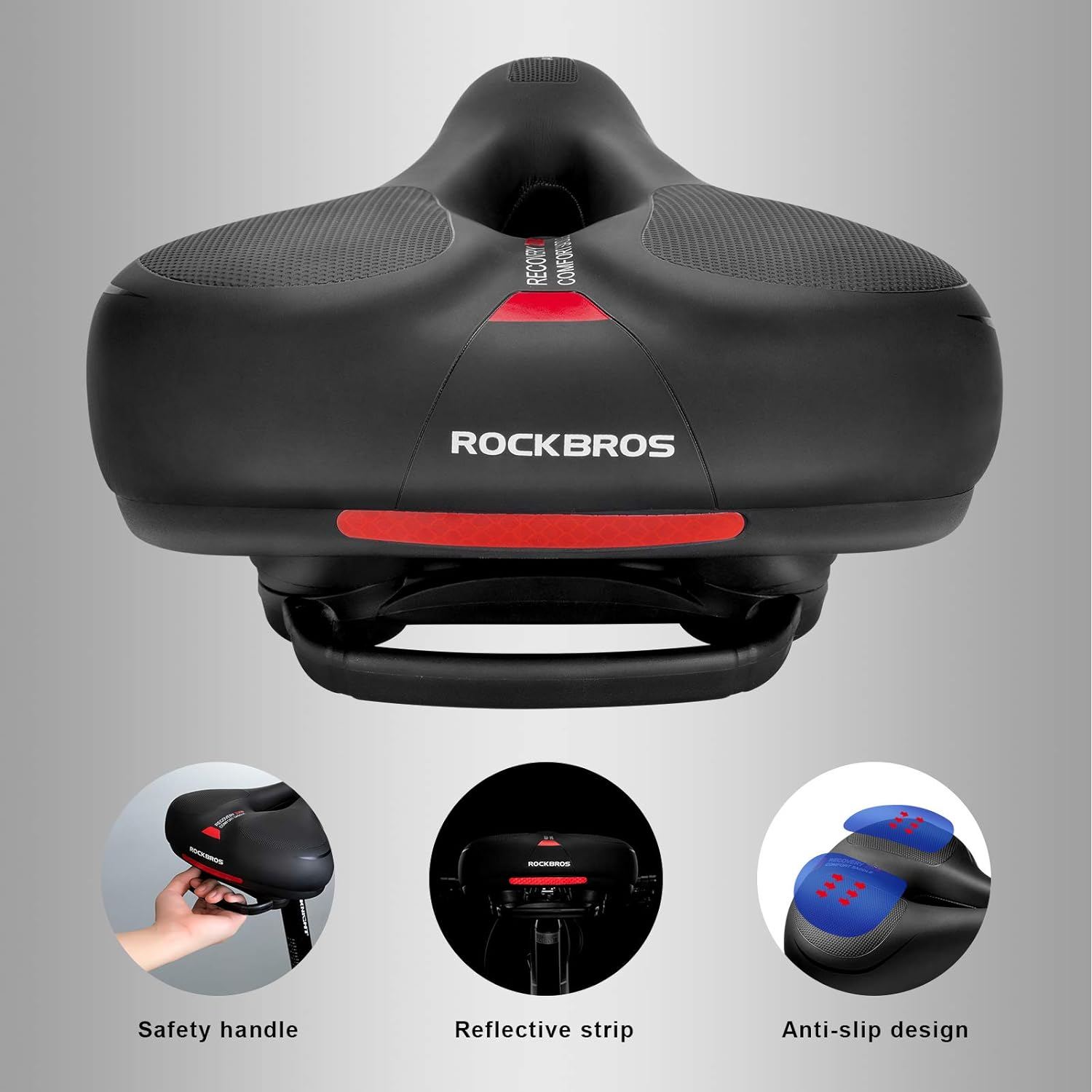 ROCKBROS Bike Seat Comfort Bike Saddle Mountain Bicycle Accessories for Men Women Soft Wide Bike Seat Cushion Dual Shock Absorbing with Reflective Strip - Red image number 2