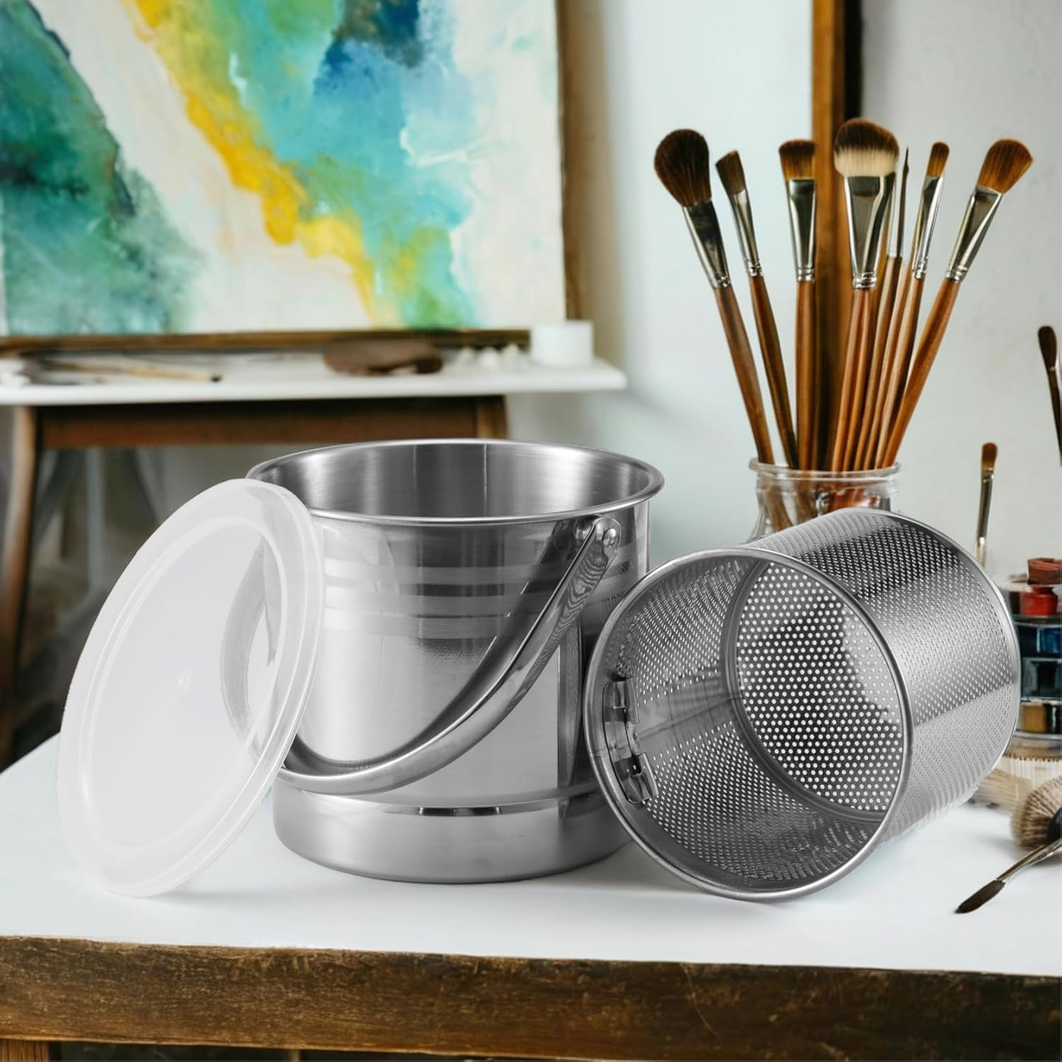 QITIUNLXY Paint Brush Cleaner Tools- Stainless Steel Brush Washer with Removable Strainer & Dust-Proof Lid, Large Capacity Rinse Cup 58 Oz for Oil/Acrylic/Watercolor Brushes image number 3