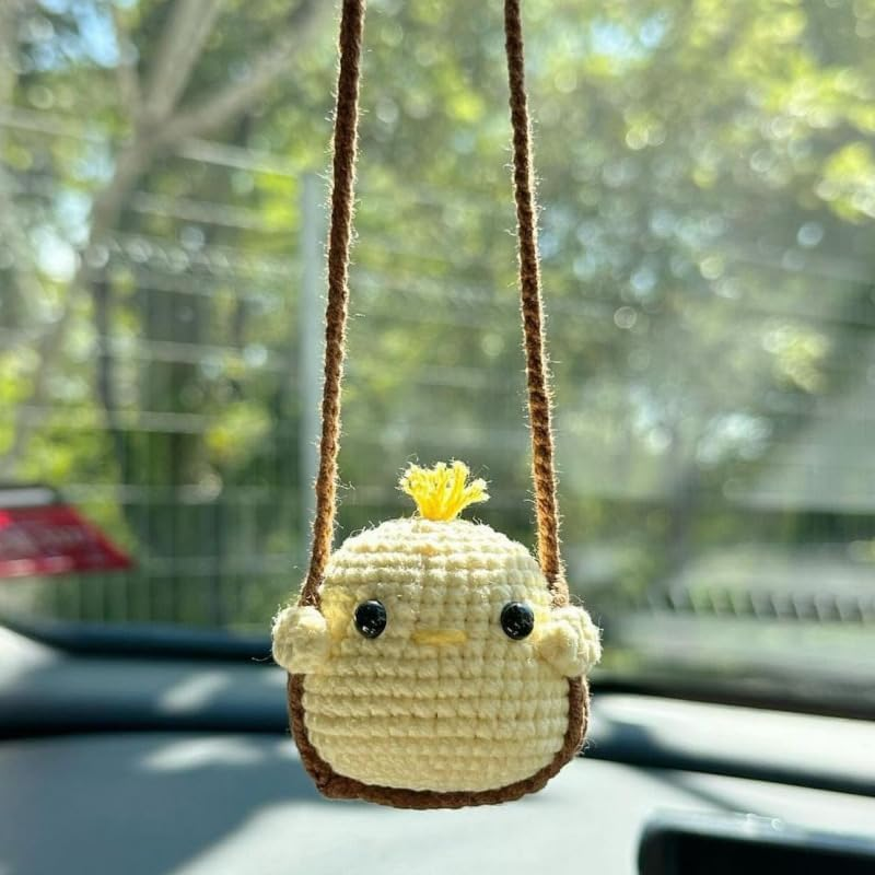Crochet Swinging Duck Car Mirror Hanging Accessories, Cute Car Decorations for Women Aesthetic, Handmade Knitted Rearview Mirror Accessories Crochet Duck Home Office Decor Ornaments