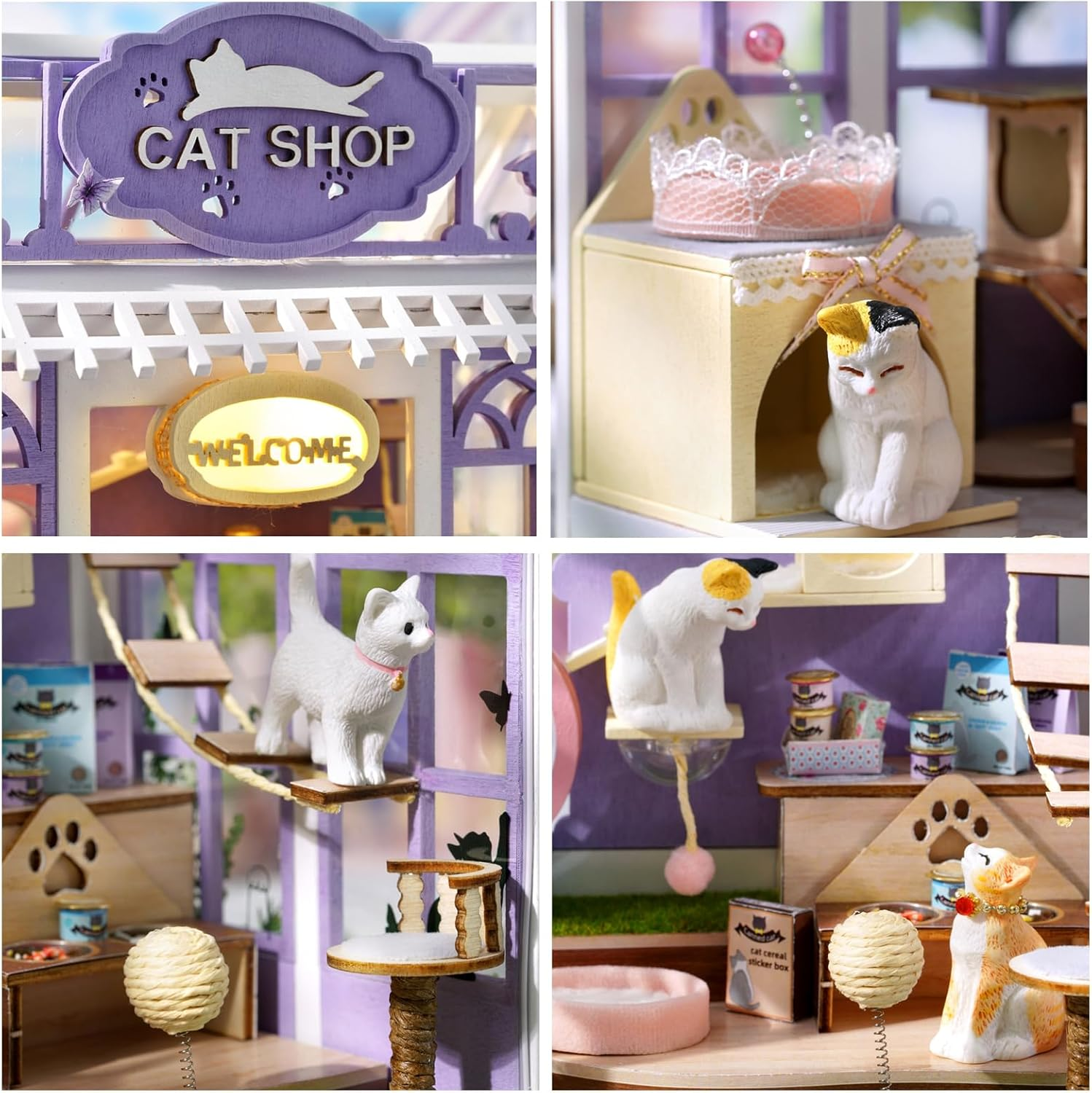 CUTEROOM DIY Miniature Cat Shop Dollhouse Kit with LED Lights&Music Box, Purple and White, Includes Furniture and Accessories Best Gifts for Aldult (Kitten Paradise) - Kitten Paradise image number 5