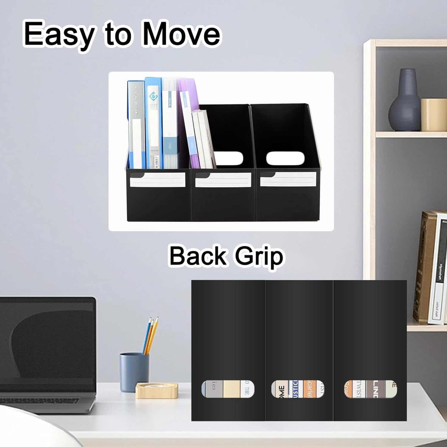 SAYEEC Black Plastic Magazine File Holder, 3 Pack Foldable Folder Holder with Labels, Vertical File Paper Organizer Magazine Storage Box Rack Book Bins for Desk, Shelves, Classroom, Office, Home image number 1