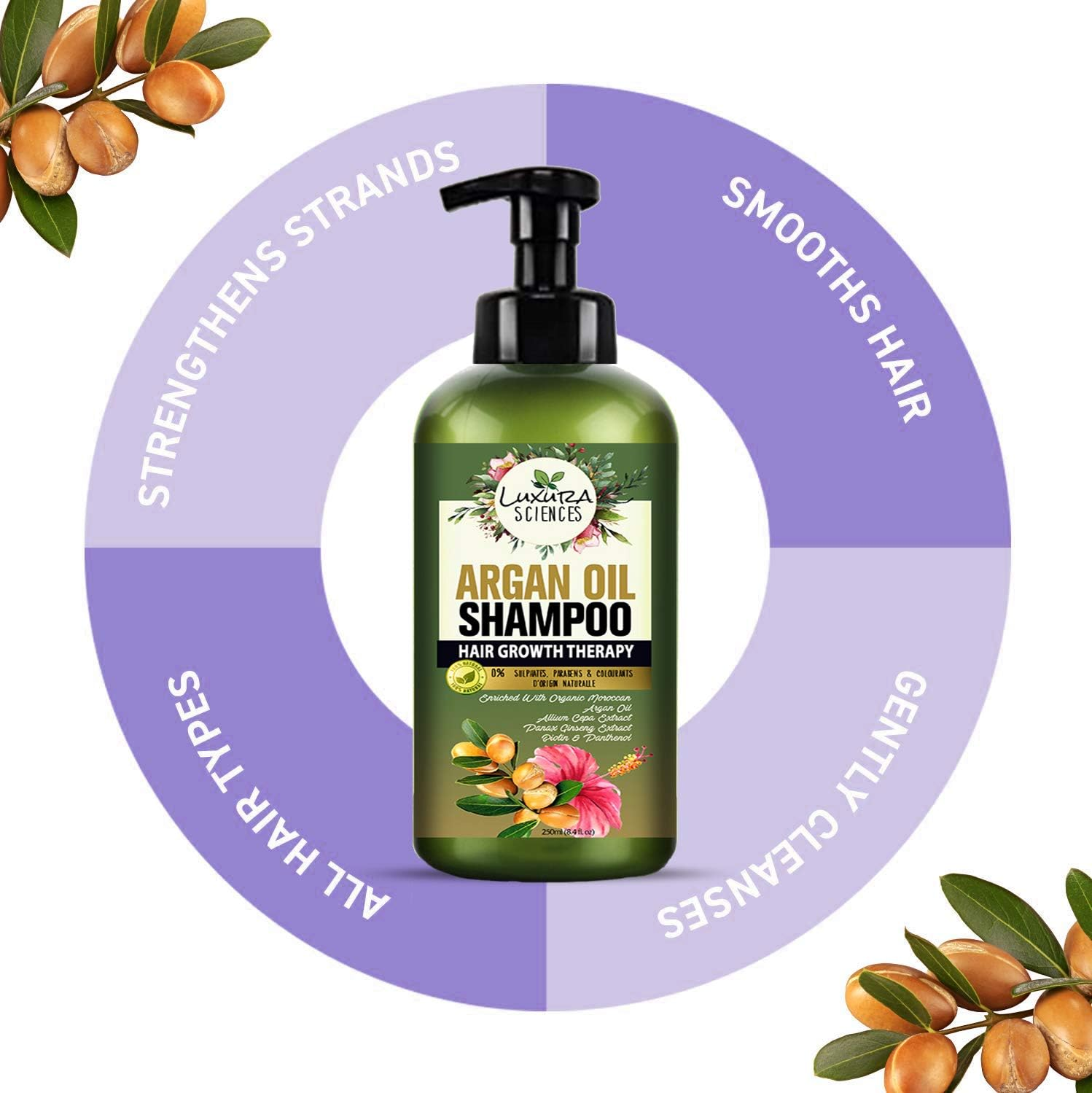 Luxura Sciences Moroccan Argan Oil Shampoo 300 ML,SLS Sulfate Free Organic - Best for Damaged, Dry, Curly or Frizzy Hair - Thickening for Fine/Thin Hair, Safe for Color and Keratin Treated Hair image number 1