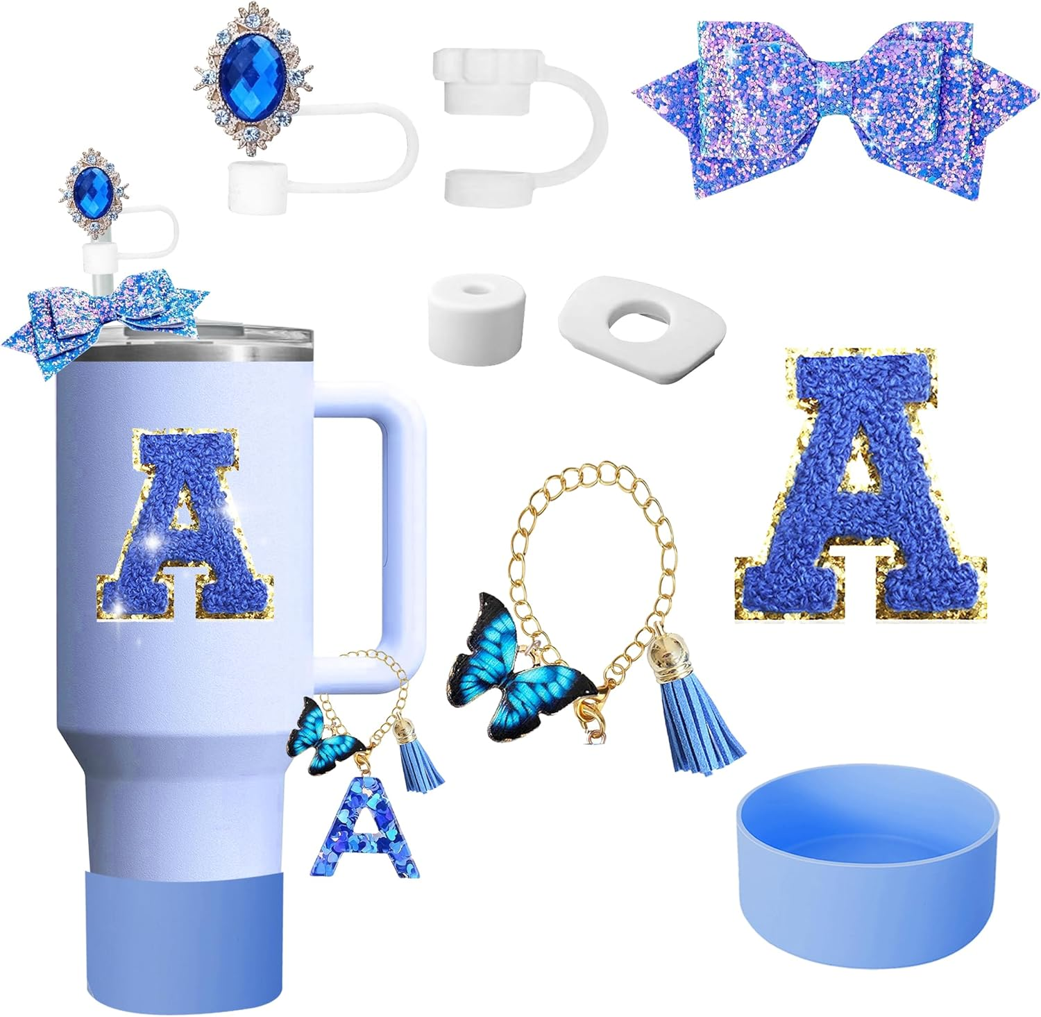 8-Piece Charms Silicone Stanley Cup Accessories Set Including Adorable Sparkling Bow Straw Topper, Protective Cup Boots, Anti-Spill Plugs, Decorative Handle, and Personalized Initial Stickers (S)