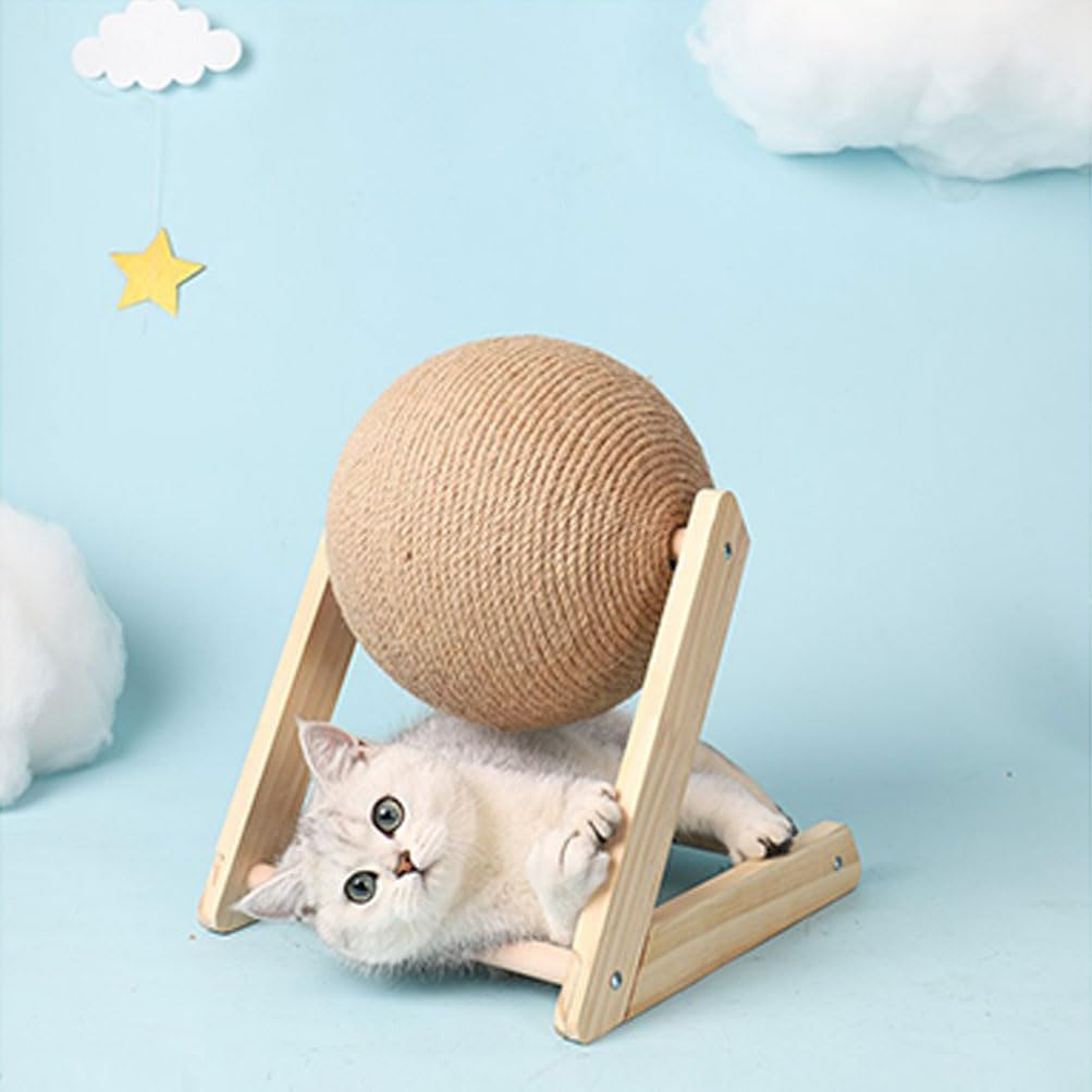 Cat Scratcher Toy with Sisal Ball, Durable Sisal Cat Scratching Ball with Stable Stand Wooden Cat Scratching Ball Cat Scratching Board Durable Cat Scratching Post Indoor Interactive Pet Toy image number 2