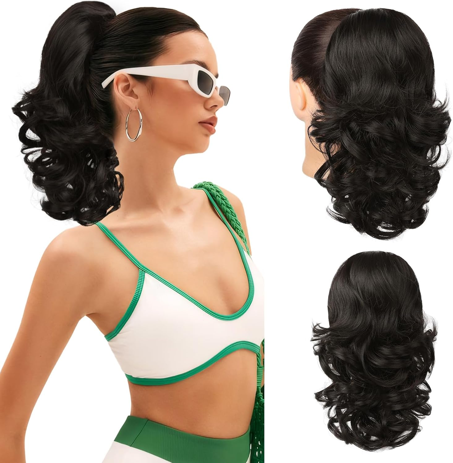 Flufymooz Ponytail Extension, 14 Inch Short Drawstring Ponytail Hair Extension for Women, Soft Synthetic Pony Tails Hairpiece for Women (Chocolate Brown with Medium Blonde)