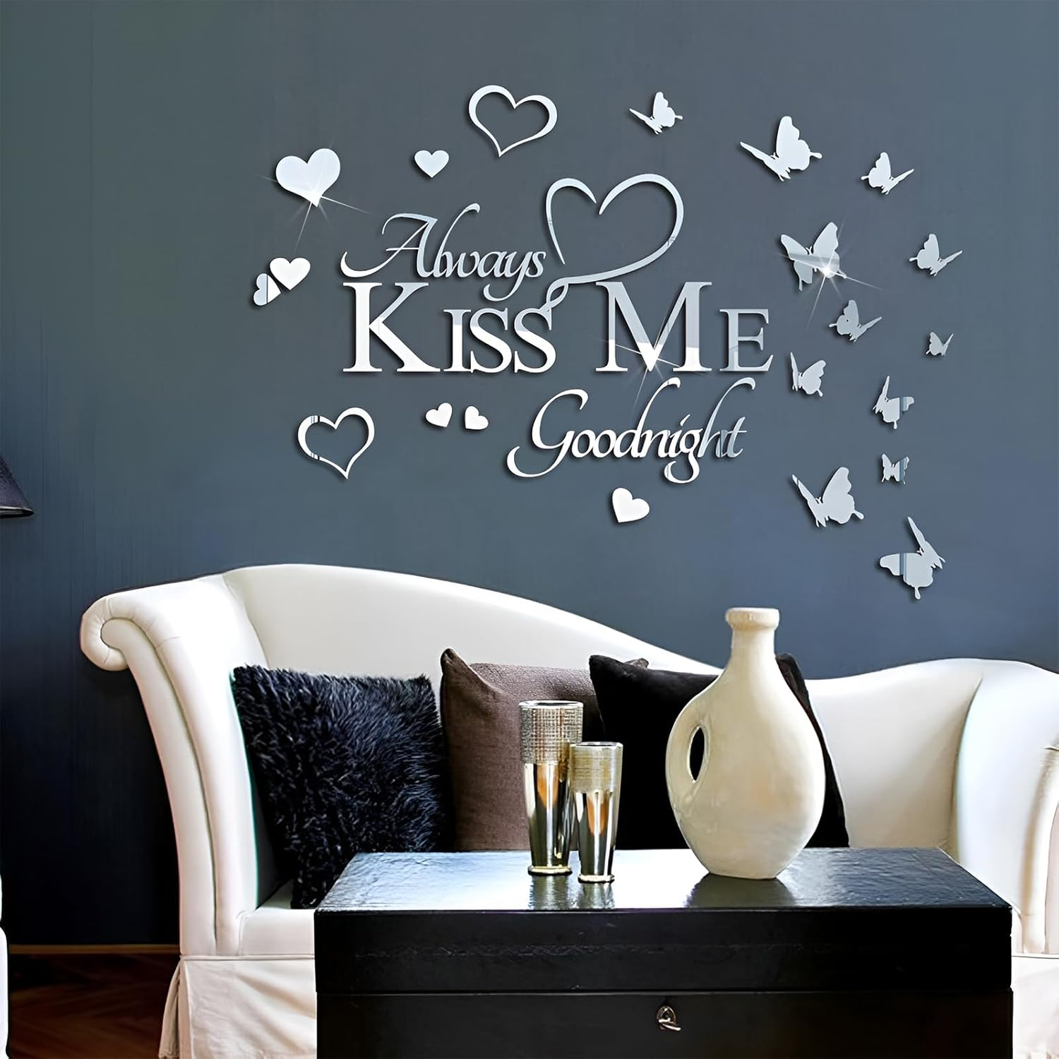 INCAUCA Always Kiss Me Goodnight Mirror Wall Decal, Peel and Stick Wall Stickers Decor for Bedroom, Decorative Romantic Couples Love Wall Words and Quotes, Lettering Art Sign over Bed, Gold