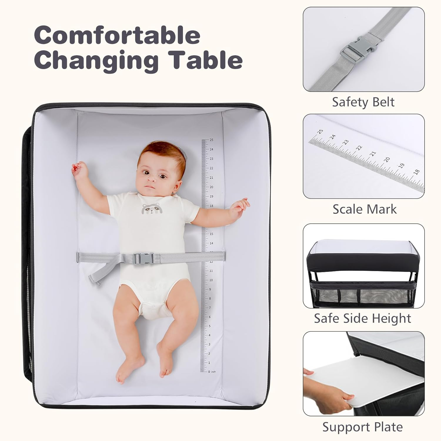 INFANS Baby Changing Table with Wheels, Portable Folding Diaper Station Nursery Organizer with Storage Basket, Hanging Rack, Adjustable Height, Safety Belt for Newborn Infant (Black) - Gray image number 4