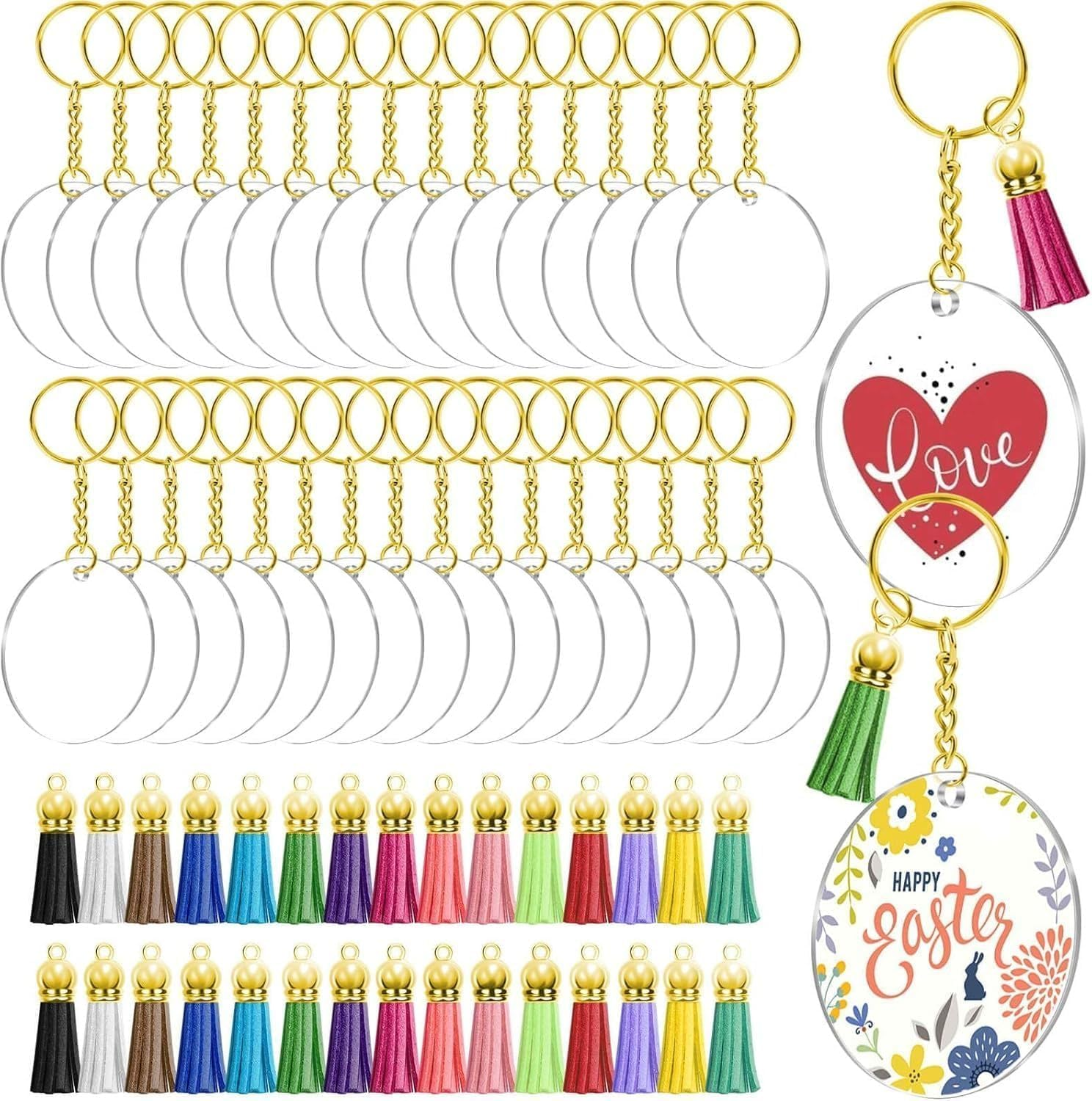 120Pcs Acrylic Keychain Blanks, Craft Tassels Keychain, Bulk Acrylic Keychain for Craft Set with Acrylic Blanks, Key Rings, Tassels and Jump Rings, DIY Keychain Supplies