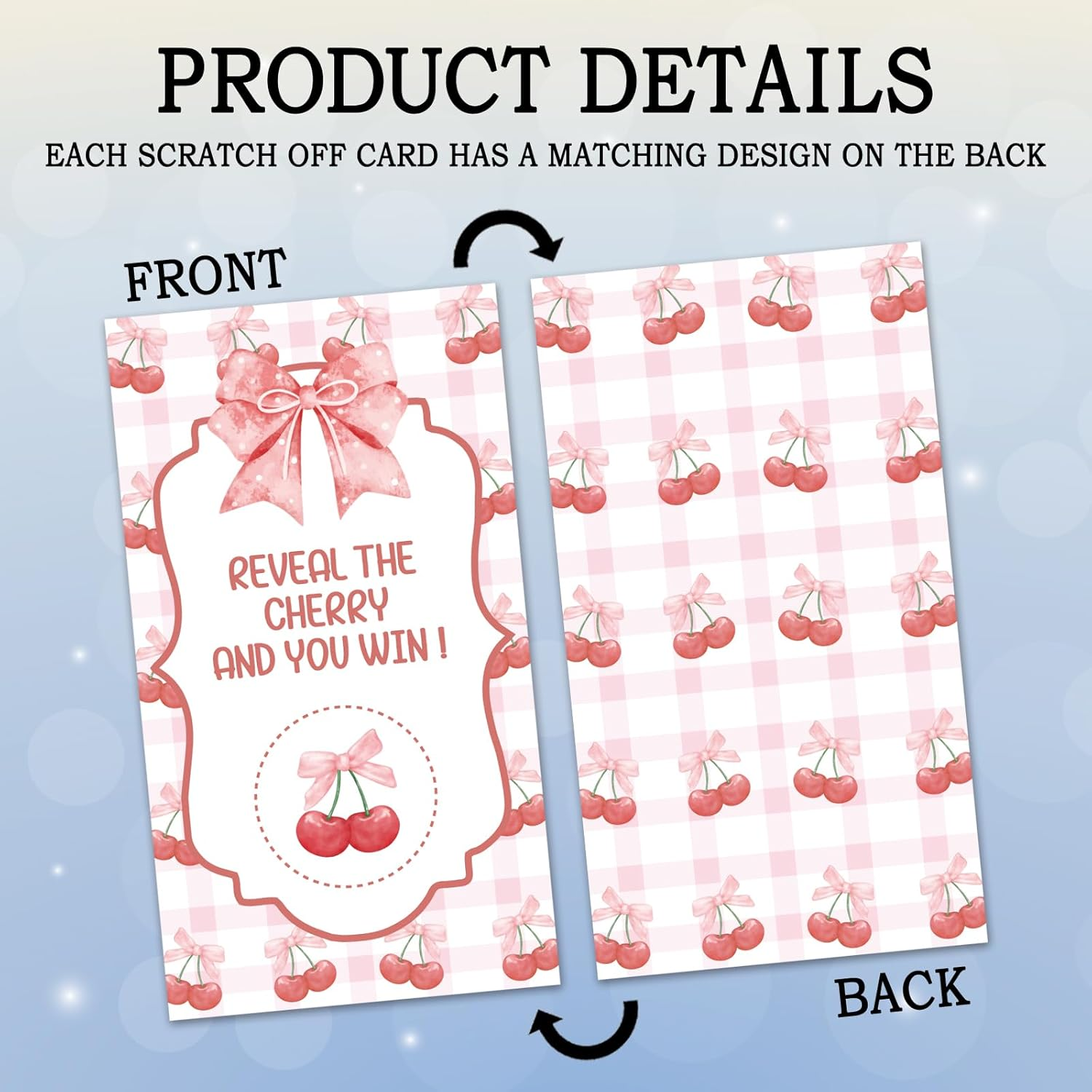 192REWIDPARTY 32 Pcs Cherry Theme Scratch off Cards, Watercolor Pink Bow Scratch off Tickets, Cherry Baby Shower Prize Raffle Tickets, Funny Birthday Baby Shower Party Cards Supplies for Family Friend image number 3