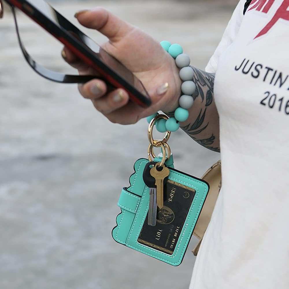 Silicone Beaded Bracelet Leather Keychain Wallet ID Card Holder Keyring Wristlet Bracelet Key Ring Chain Tassel Purse Women Girls Green image number 2