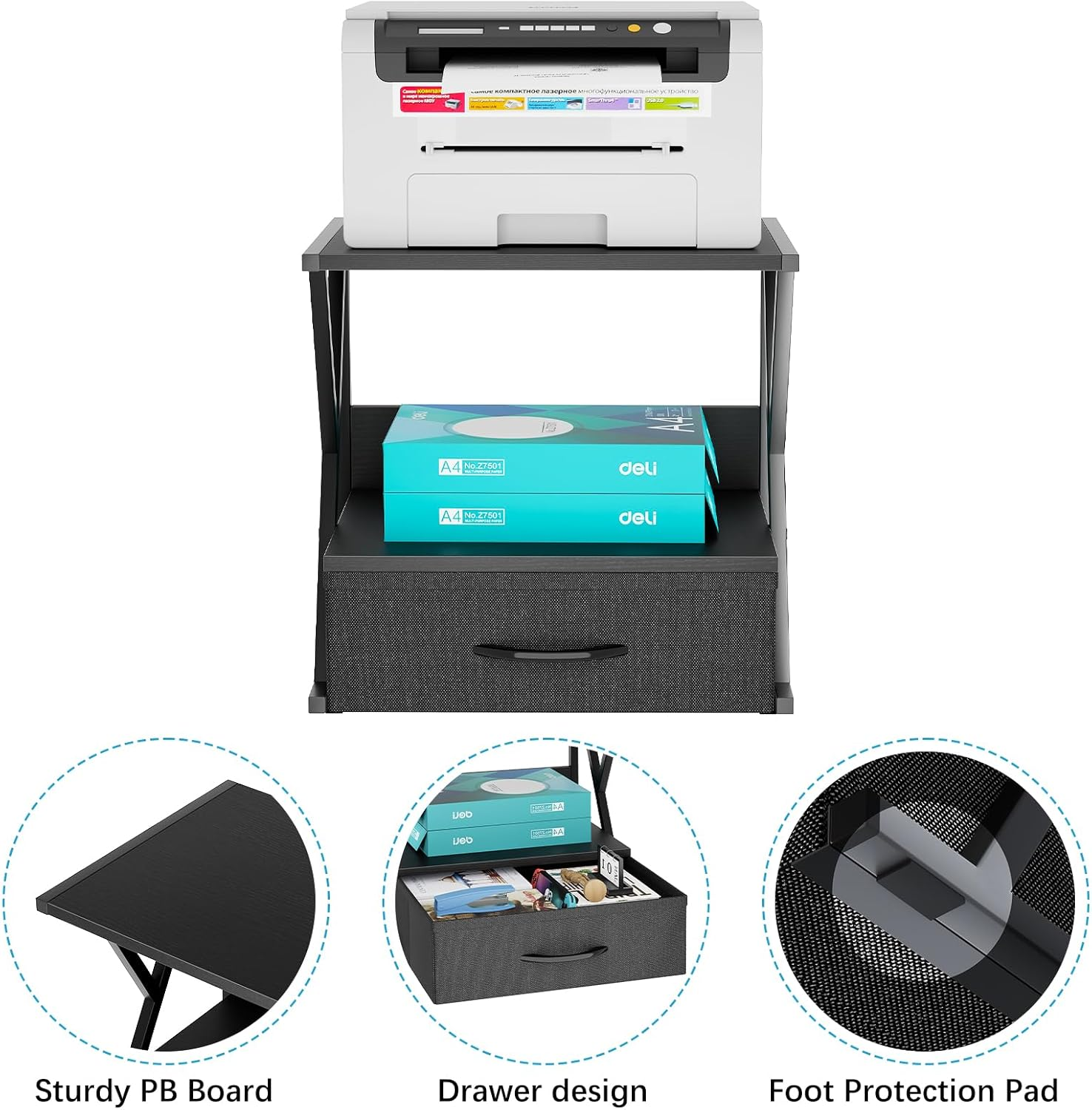 Aboxoo Printer Stand for Desk with Storage Drawer, 2 Tier Desktop or under Desk Shelf, Multi-Purpose Desk Organizer for Home Office, Fit Fax Machine/3D Printer/Scanner, Black image number 1