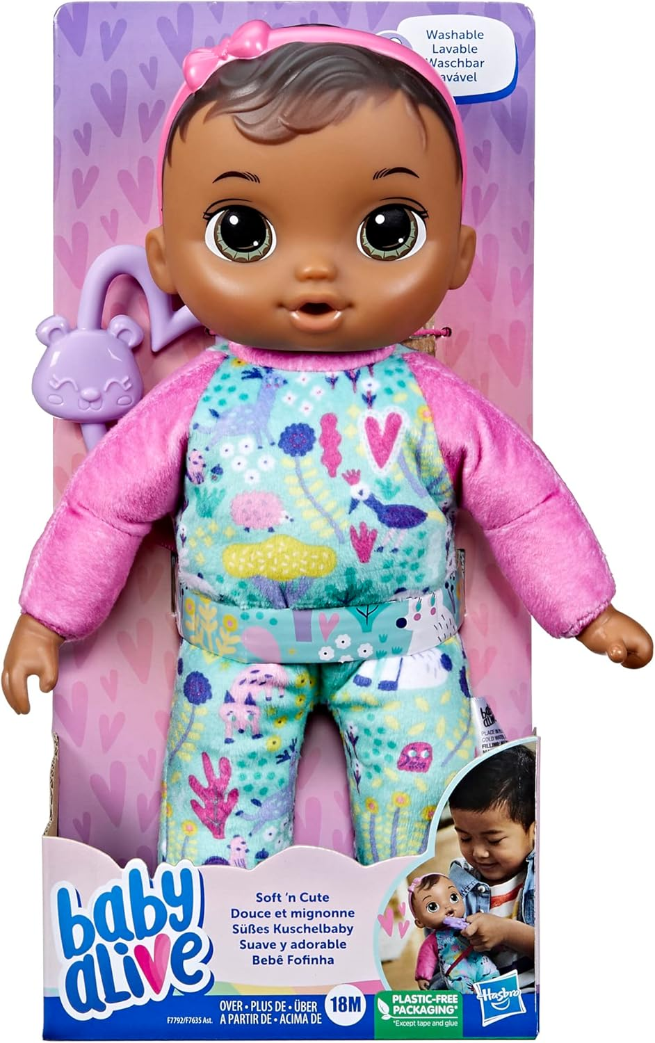 Hasbro Baby Alive Soft &lsquo;N Cute Doll, Brown Hair, 11-Inch First Baby Doll Toy, Washable Soft Doll, Toddlers Kids 18 Months and Up, Teether Accessory image number 4