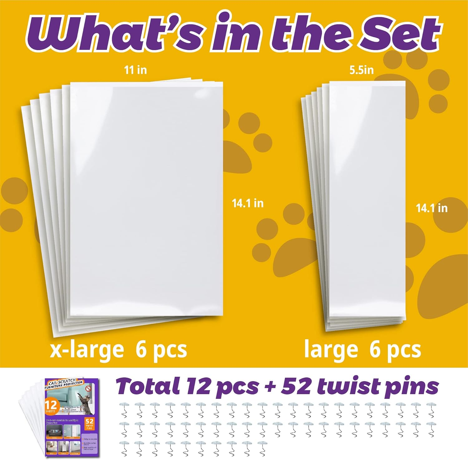 Anti-Cat Scratch Furniture Protector-12-Pack &ndash;Single-Sided, Heavy-Duty Self-Adhesive Tape, No-Residue for Couch, Doors & Walls - with 52 Twist Pins image number 1