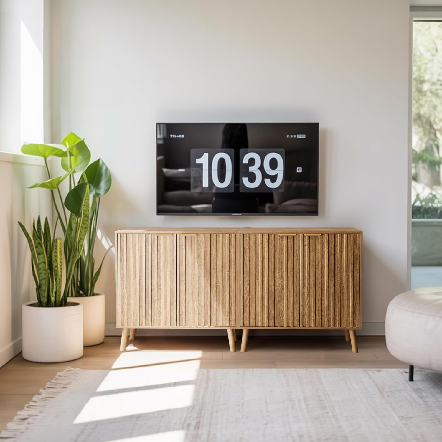 Patiopia Fluted Storage Cabinet, Buffet Cabinet with Storage, Sideboard Buffet, Multifunctional Credenza, Wood Sideboard with Adjustable Shelves, Natural image number 1