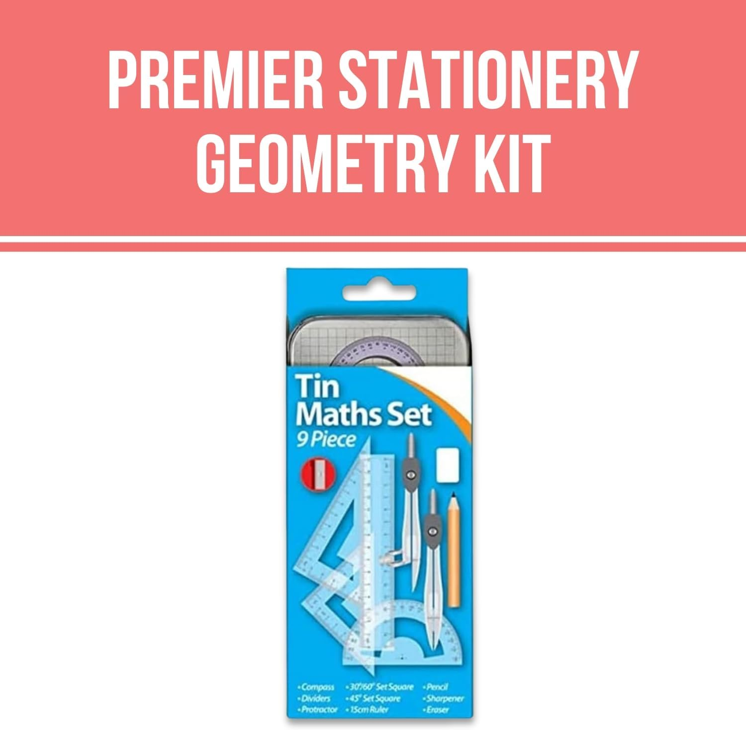 Premier Stationery Math Geometry Set | 9 Piece Kit | Includes Ruler, Compass & Protractor | Durable Metal Storage Case | Ideal for Students, Teachers & Office Use.