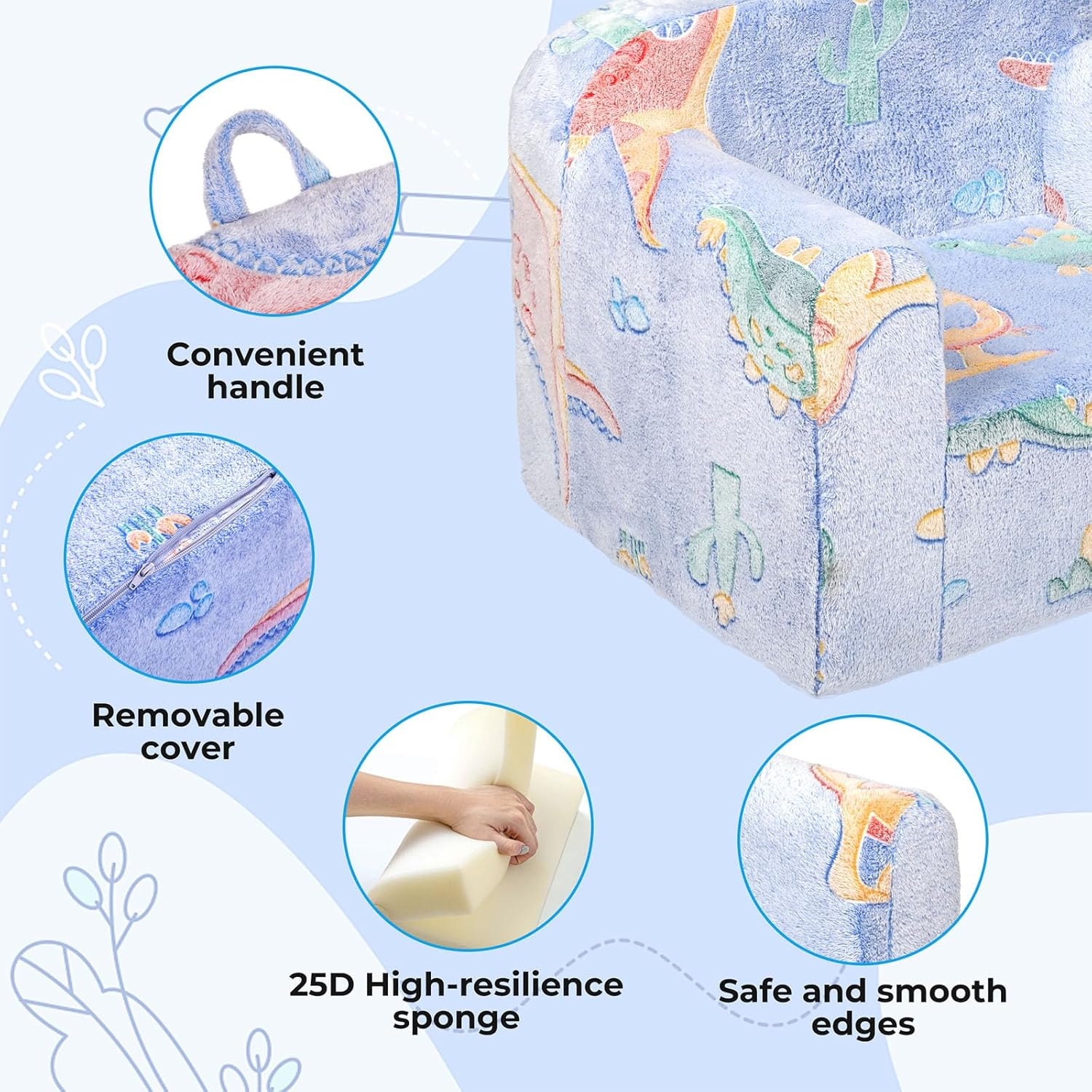 Bopeep Toddler Chair, Glow in the Dark, Bean Bag Chair for Kids Children, Armchair Sofa Chairs with Handle, Removable Cover, Playroom Living Room, Bedroom, Dinosaur Pattern Couch for Girls and Boys image number 6