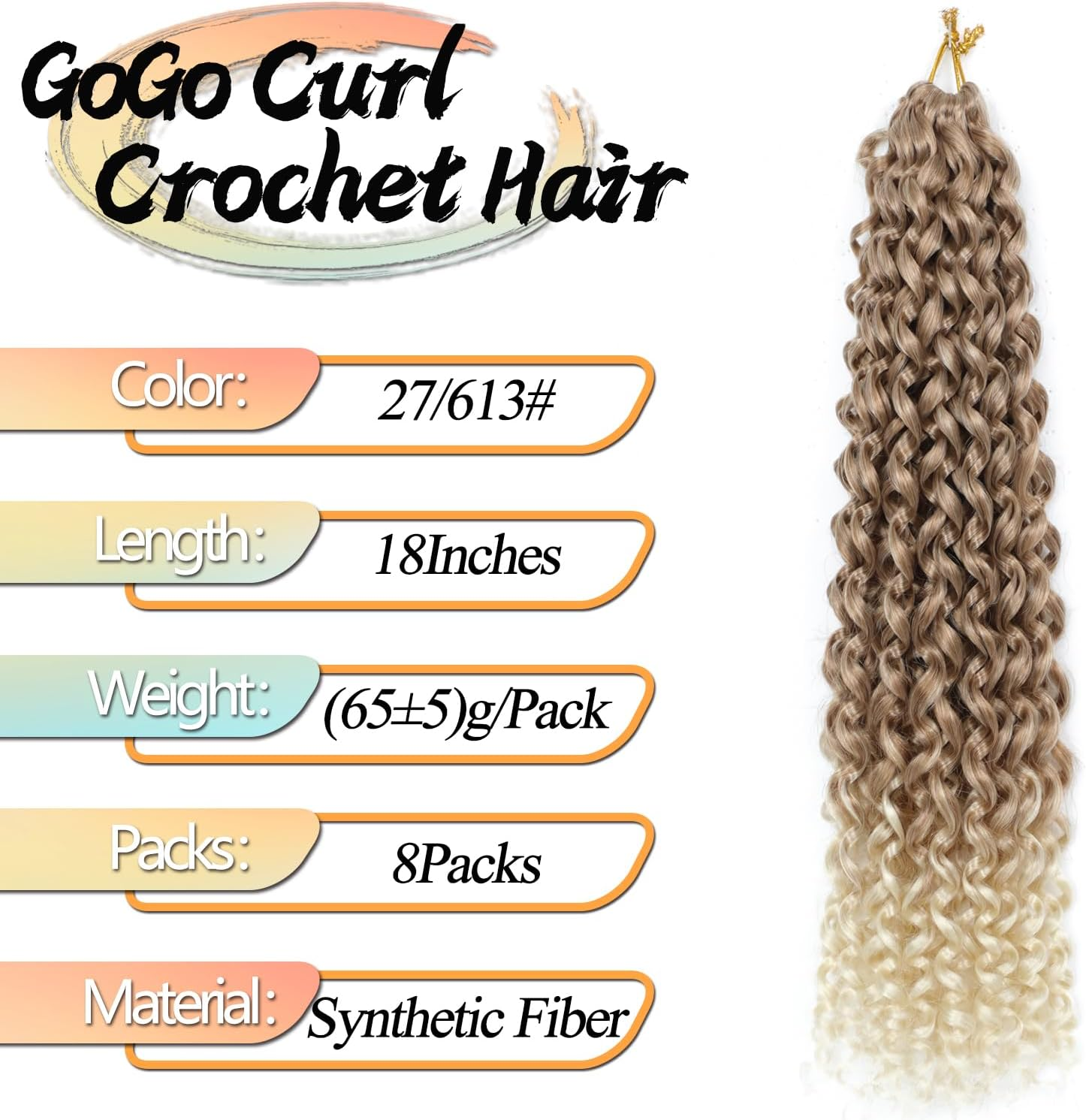 8 Packs Gogo Curl Crochet Hair 18 Inch Long Curly Crochet Hair for Women Beach Curl Water Wave Deep Twist Crochet Braids Synthetic Braiding Hair Extensions (T27/613#, 18 Inches (Pack of 8)) image number 7