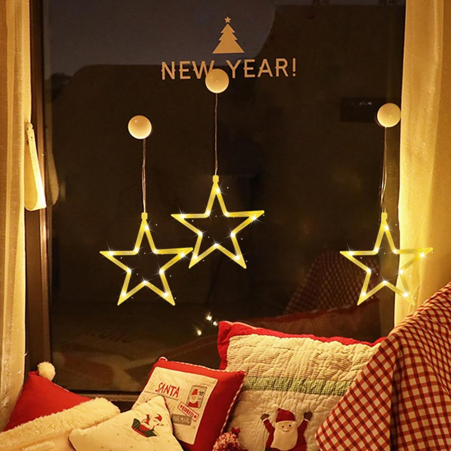 Christmas Window Lights Hanging Stars Warm White Battery Operated for Window Door Interior Wall Decoration