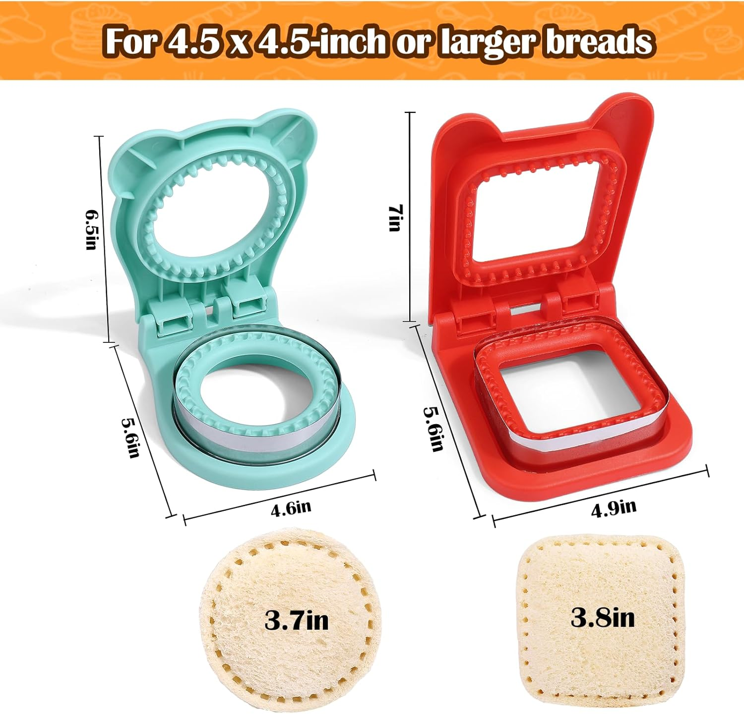 Sandwich Maker,2Pcs Sandwich Cutters for Kids Lunch,Crustless Breakfast Sandwich Cutter and Sealer Set Great for Children Boys Girls Lunchbox and Bento Box,Circle Square image number 6
