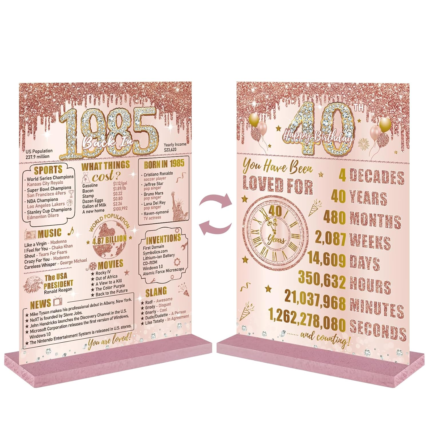 Bumqviy Happy 80Th Birthday Decorations Back in 1945 Table Sign for Women, Pink Rose Gold Happy 80 Birthday Two-Sided Wooden Poster with Stand, Eighty Year Old Birthday Gift Party Supplies