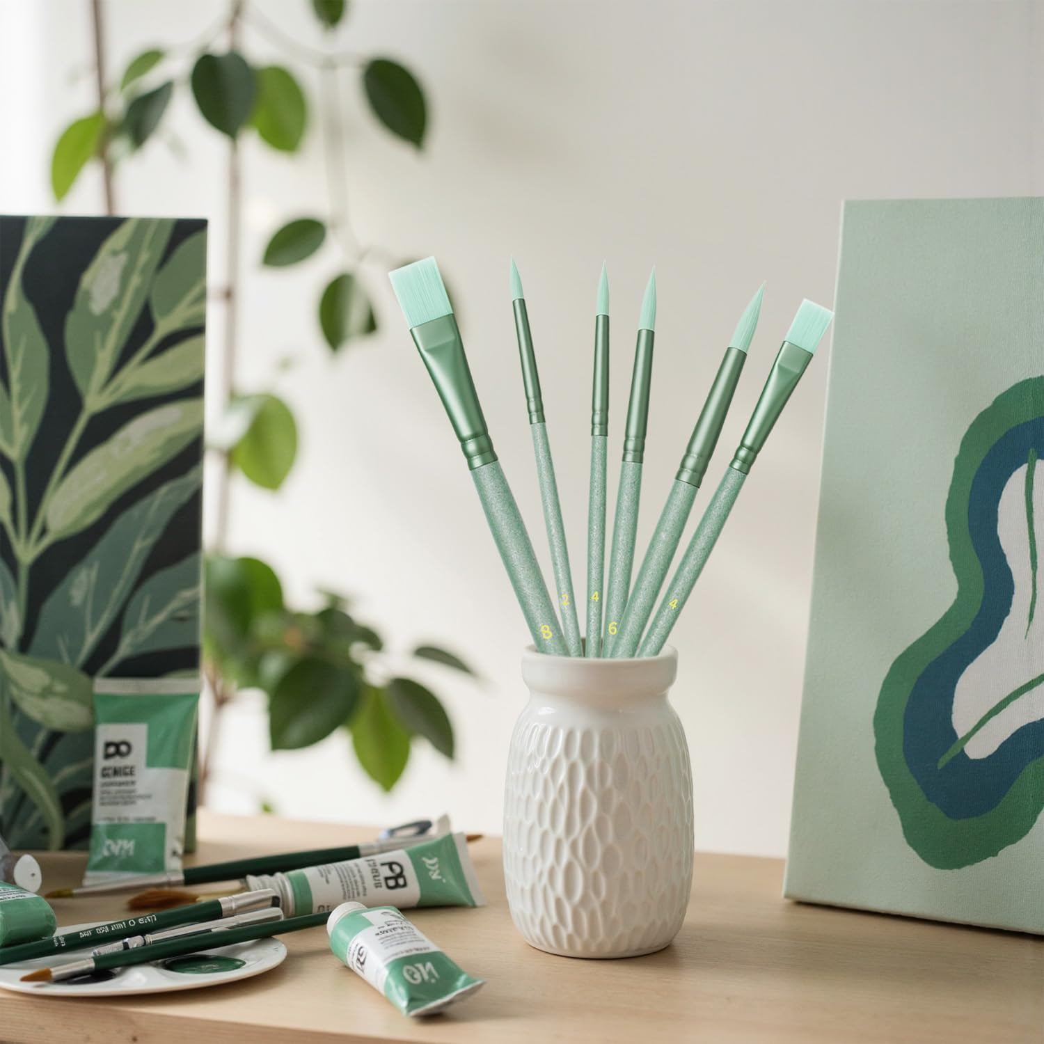 Paint Brushes Set for Acrylic Painting,Watercolor Brushes Painting Brush Nylon Hair Brushes for Acrylic Oil Watercolor Canvases Rock Body Face Nail Miniature Detailing Drawing Art Supplies(Green) - Red image number 4