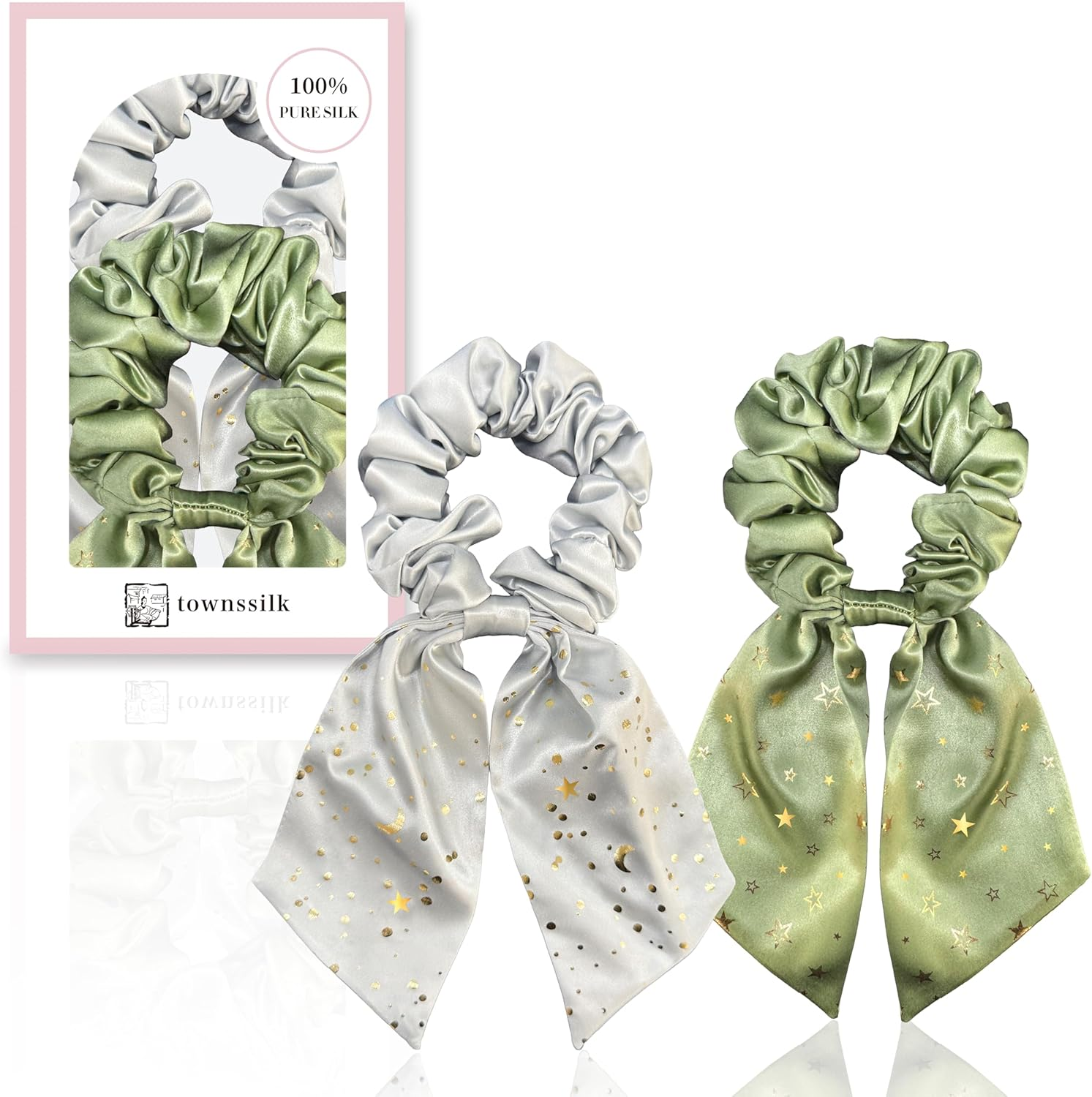 Townssilk Silk Scrunchie Set of 2 with Bow, 100% Mulberry Silk Hair Scrunchie, Voluminous & Gentle, Oeko-Tex Certified - Silver + Meadow Green image number 2