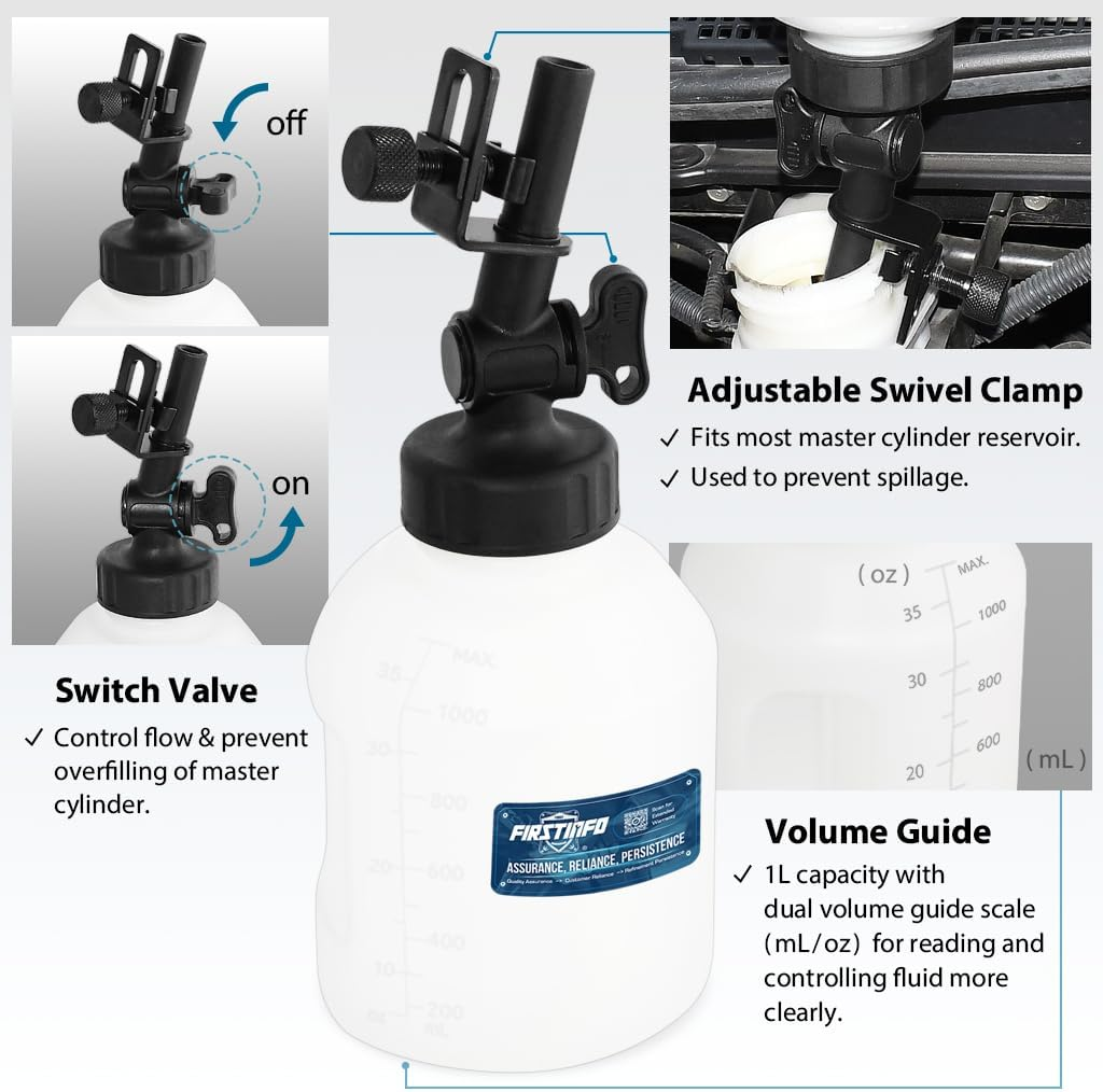 FIRSTINFO A11542-1 Liter Brake Service/Economical Universal Automatic Brake Fluid Dispensing Refilling Bottle Bleeder Bottle image number 2