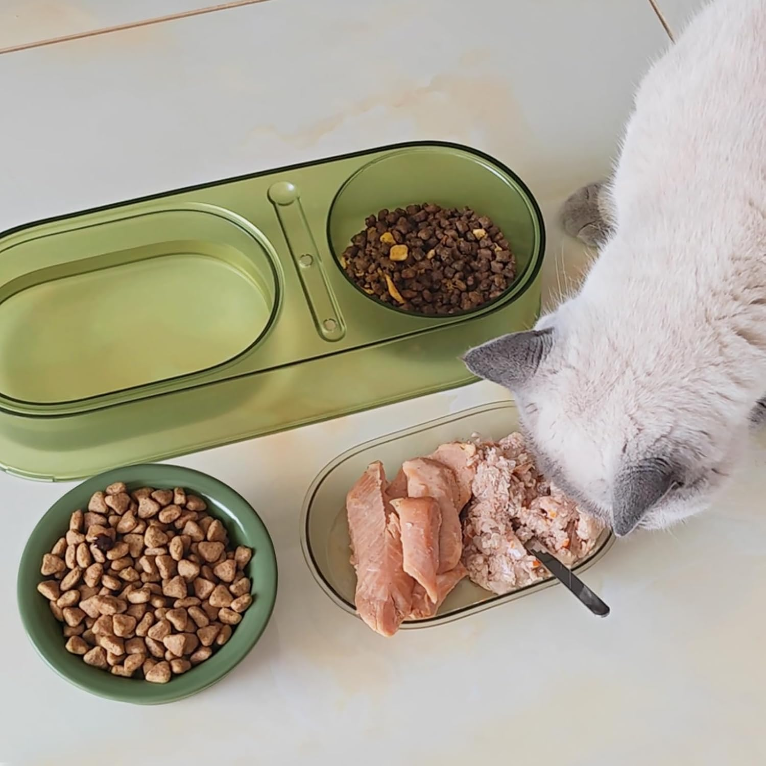 SONGWAY Ceramic Cat Food Bowl - Double Cat Bowls for Wet Food and Water, Cat Feeding Bowls, Multi-Purpose Pet Bowls for Indoor Cats Kittens Puppies, Green image number 3