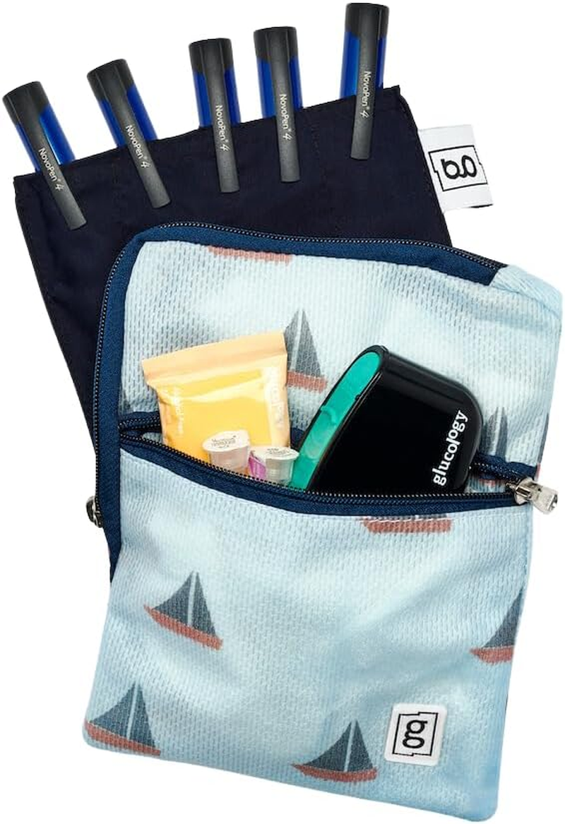 Glucology Insulin Cooler Wallet XL for 5 Pens &ndash; Keeps Medication Cool for 36+ Hours | Travel Essential with Front Pocket for Diabetes Supplies | No Ice or Batteries Needed | Zipper Wallet (Boats)