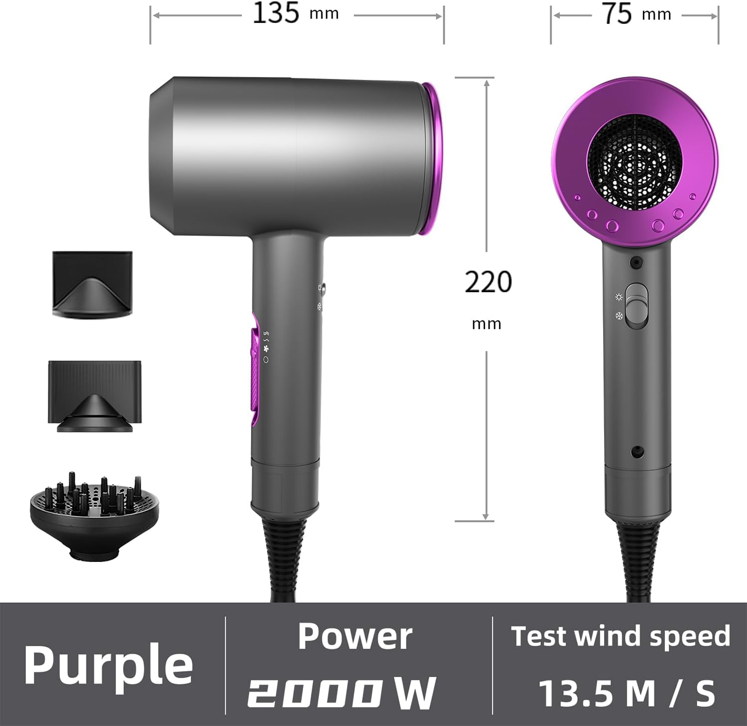Xcjump Hair Dryer with Diffuser, 2000W Professional Ionic Hair Dryer, Heating Hot and Cold Air, Constant Temperature Hair Care, for Home, Travel, Salon Use (Purple) image number 5