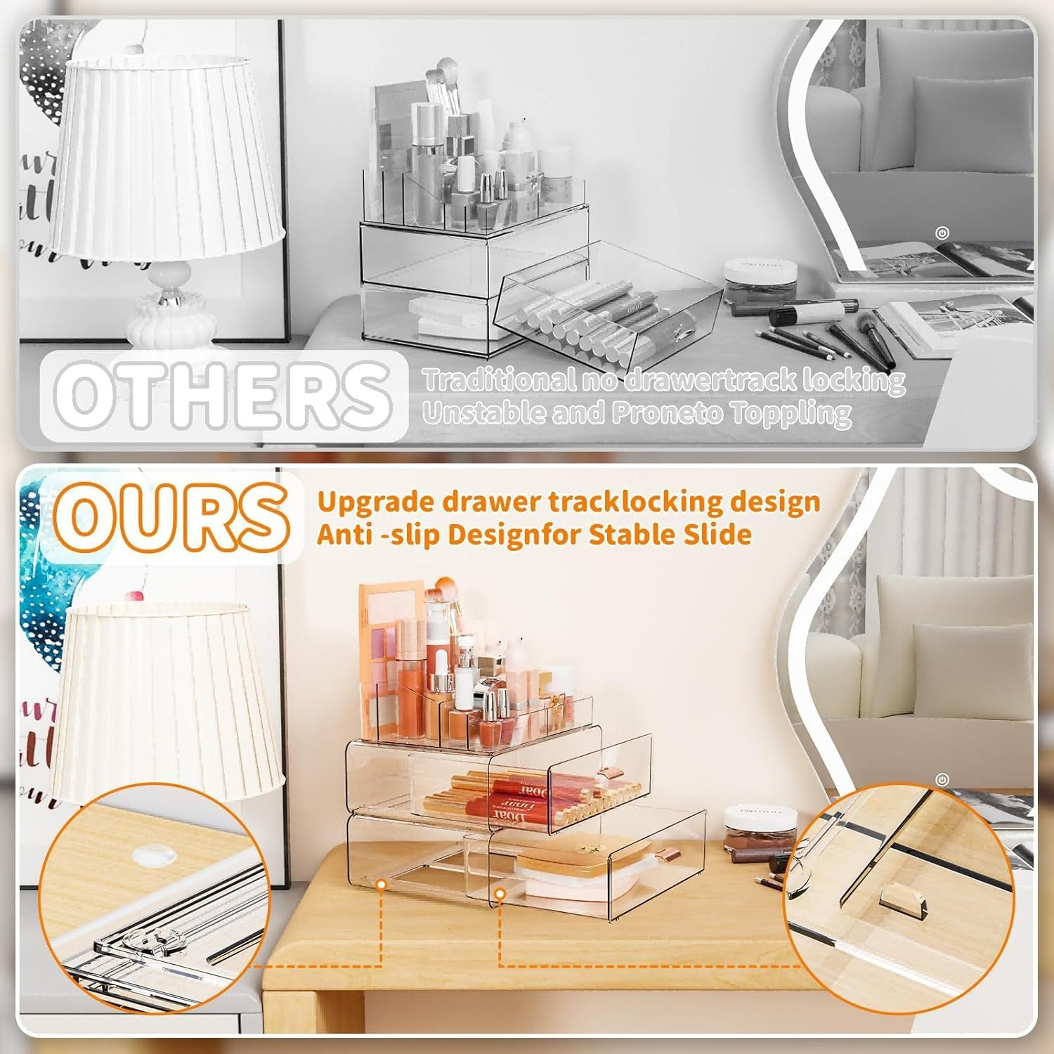 3-Tier Clear Stackable Acrylic Makeup Organizer with Drawer, Vanity Bathroom Countertop Cosmetic Display & Storage Case for Lipstick Brushes Skincare Perfume Jewellery Nail Polish image number 1