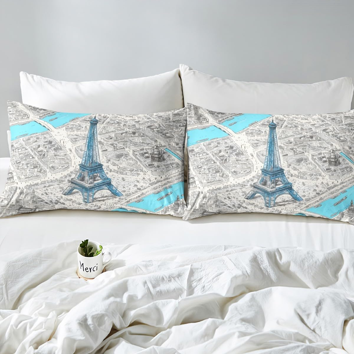 Jejeloiu Kids Eiffel Tower Bedding Set Full Size Paris Comforter Cover Set for Boys Girls French Cityscape Map Blue Duvet Cover Bedspread Cover Room Decor Quilt Cover,No Stuffing image number 3