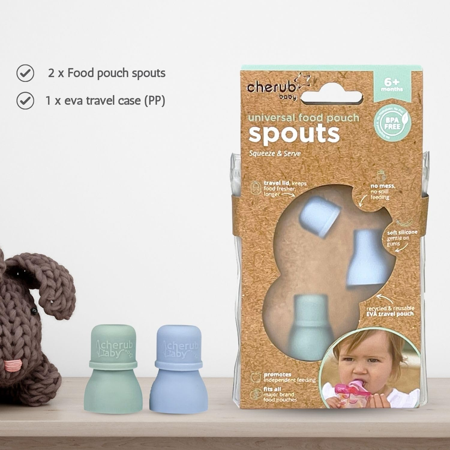 Cherub Baby Silicone Reusable Baby Food Pouch Topper Attachment Soft Non-Spill Spouts 2PK with Travel Case - Cerulean/Sage image number 6